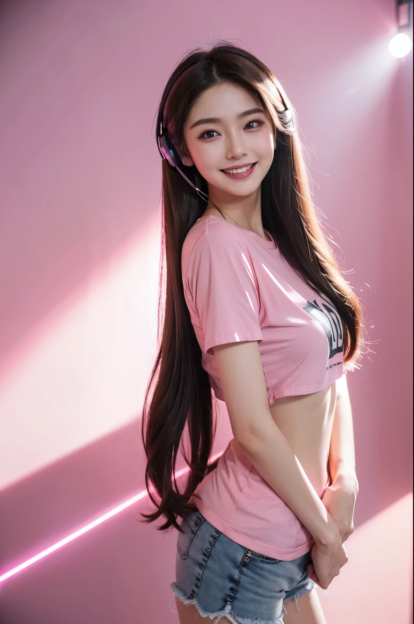 (Cinematic Shot) (Shot on Aaton LTR 54) E-Girls_Mansion_Mona with Headset (22yo, long brunette hair:1.4) (V-Shorts and a Pink T-Shirt:1.5)(Black Walls:1.3) (Neon Signs:1.3)(LED CEILING STRIPS:1.3) (lens flare:1.3) insanely detailed and intricate, character, hypermaximalist, beautiful, exotic, revealing, appealing, attractive, amative, hyper realistic, (super detailed:1.3), (pink volumetric smoke:1.3) cyberpunkinterior, building (smiling:1.4)