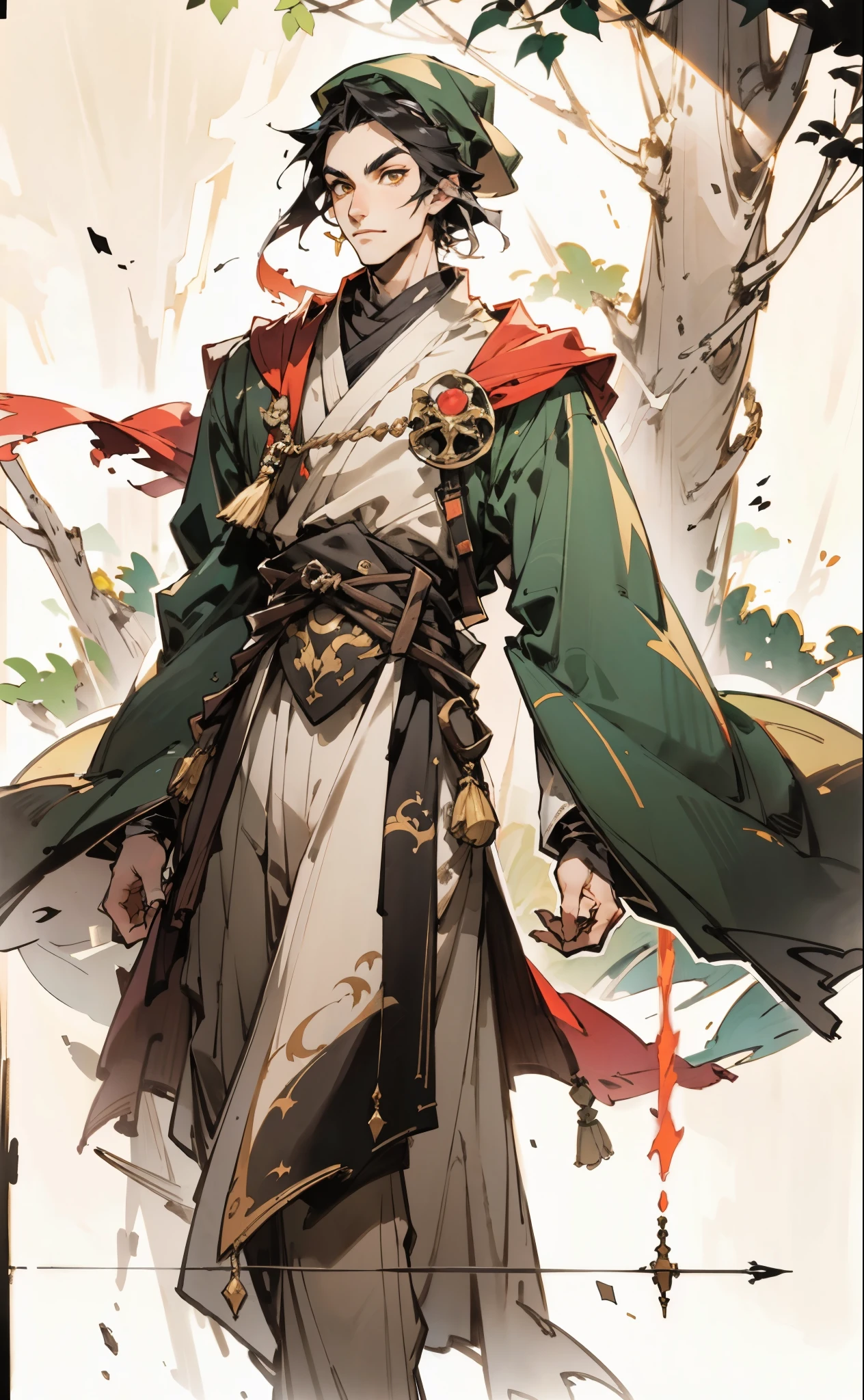 A young man wearing a scholar's square cap, clear and bright eyes, a dignified and refined face, a friendly smile, short hair is peeking out the cap, tall and slender figure, a fantasy-style scholar's long robe coat with a long hem, wide sleeves, loose trousers, bathed in sunlight amidst the gentle breeze of the woods, this character embodies a finely crafted fantasy martial arts-style scholar in anime style, exquisite and mature manga art style, high definition, best quality, highres, ultra-detailed, ultra-fine painting, extremely delicate, professional, perfect body proportions, golden ratio, anatomically correct, symmetrical face, extremely detailed eyes and face, high quality eyes, creativity, RAW photo, UHD, 32k, Natural light, cinematic lighting, masterpiece-anatomy-perfect, masterpiece:1.5
