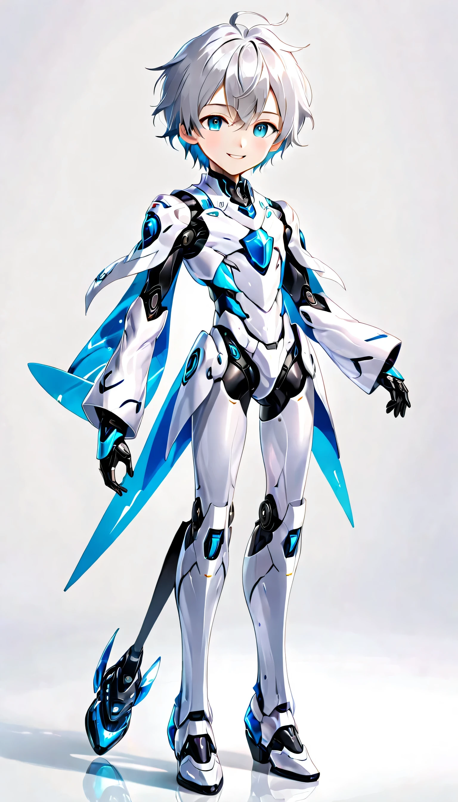 (((masterpiece:1.5))), full body image, anime robot boy, 1boy, ((shota)), shiny, ((white)), smooth, (((sleek))) robot body with accents, heeled feet, silver hair, gentle face, blue eyes, calm, smiling expression, plain white background