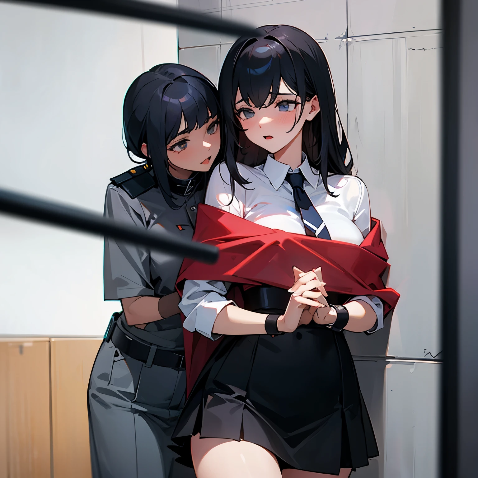 Sex between two girls　handcuffs　Policewoman and prisoner　arrest　white off shoulder　black flared skirt