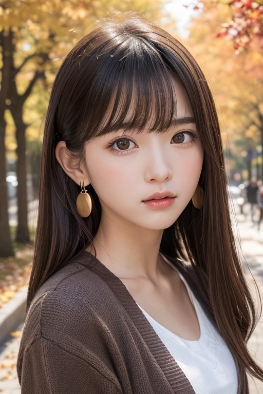 one girl, (a beauty girl, Delicate girl:1.3), (13 years old:1.3),
break, (Tree-lined avenue in autumn:1.2), (cardigan:1.2),
break, very fine resolution, (symmetrical eyes:1.3),
break, small breasts, brown eyes, parted bangs, brown hair,  girl,
break, (Eye and face details:1.0), (get closer to the face, zoom in on the face, face focus:1.0),
break, (masterpiece, highest quality, super detailed, detailed face, 8K)、From above、earrings、hair blowing in the wind、blush your cheeks、surprised、open your mouth wide、high angle、super realistic photos、Ginkgo leaves on my head