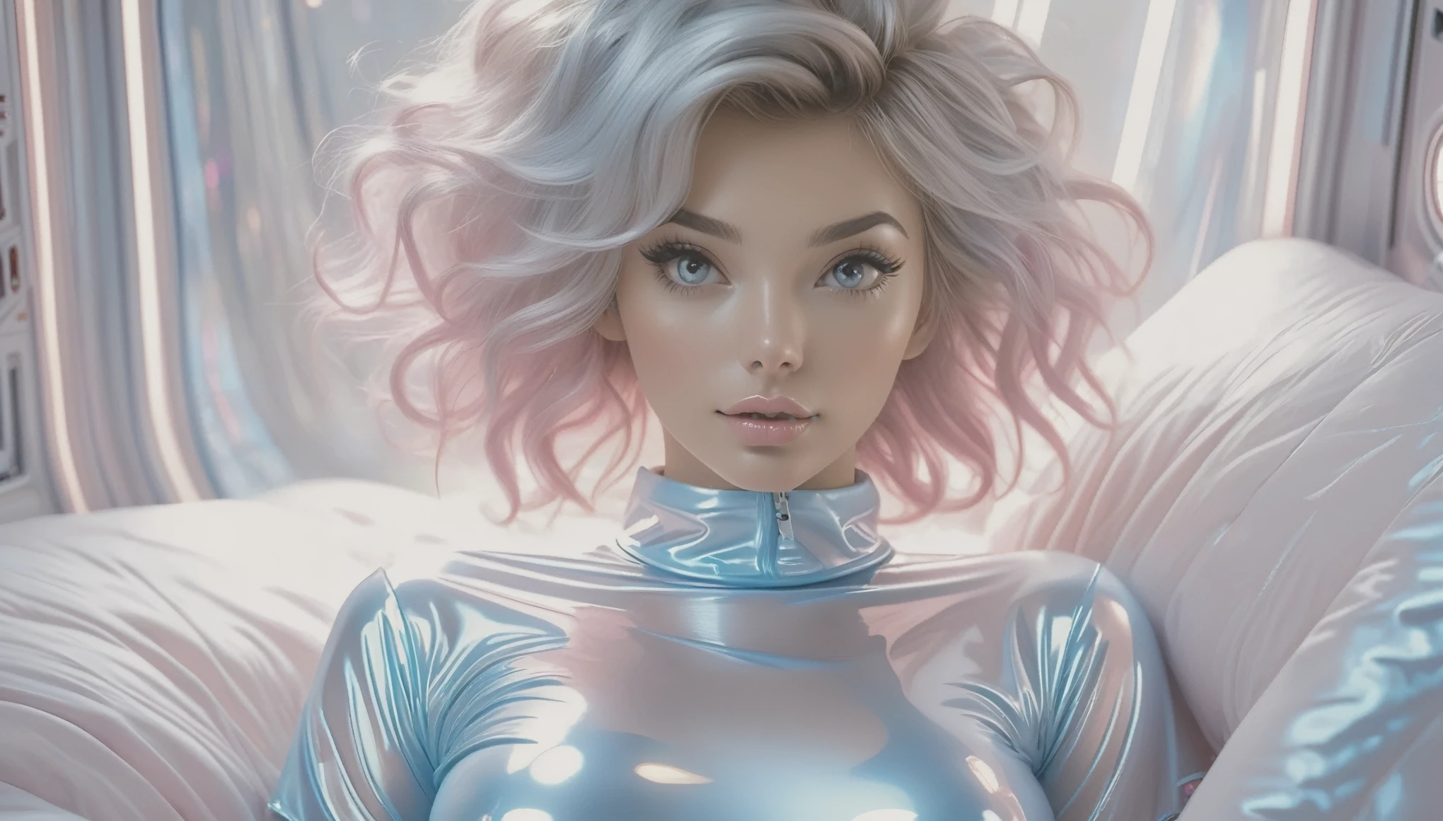 Masterpiece, Best Quality, ((cute girl in a shiny see through pyjamas, light blue, pink, short sleeves, small perky breasts, puffy nipples, extremely detailed face, detailed eyes, detailed lips, random hairstyle, small hips, in a spaceship, on a bed, full body view))