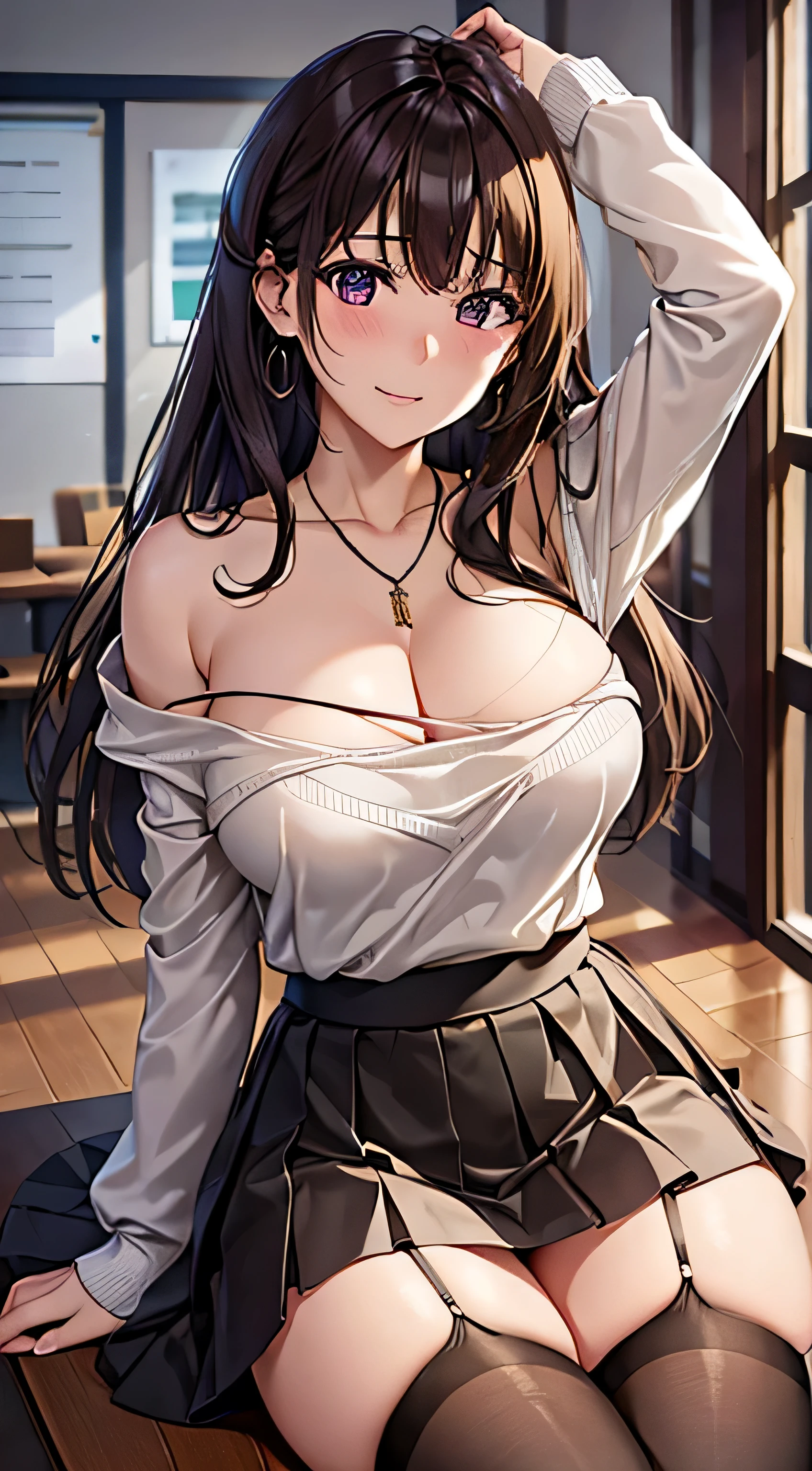 (table top, highest quality, High resolution, , perfect pixel, 4k,), 1 girl, single, alone, Beautiful woman、I could see the whole body、 ((Wavy mid-hair, bangs, brown hair)), ((brown eyes, beautiful eyelashes, realistic eyes)), ((detailed face, blush:1.2)), ((smooth texture:0.75, realistic texture:0.65, realistic:1.1, Anime CG style)), medium breasts, dynamic angle, perfect body, ((, female teacher, , earrings、necklace、beige off shoulder sweater、Long pleated skirt、black knee high stockings、pink lace panties、shy smile、Lift up your skirt and show your panties)), Upper 、、、evening、、Bring your arms together to emphasize your chest、Hold the necklace between your chest、(、()、angle from below)、