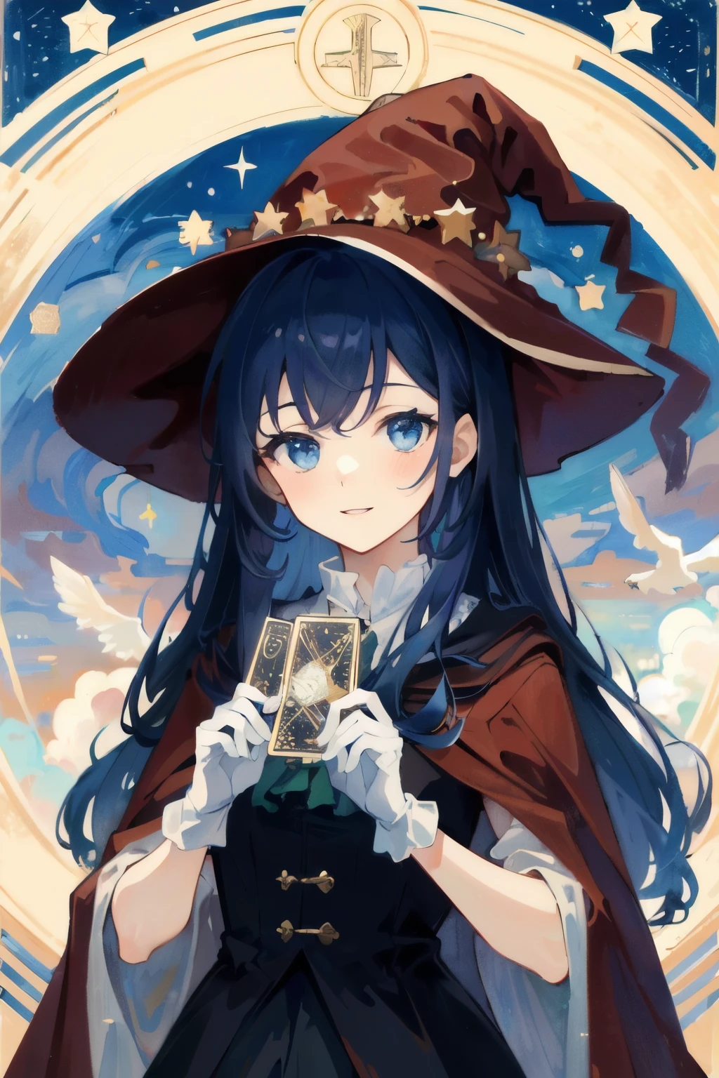 ((masterpiece:1.2, highest quality)), 1 girl, alone, (witch hat), Deep blue hair, long hair, dress, aurora, night, star (null), gloves, null, white dress, night null, open your mouth, starry null, blue eyes, ribbon, very long hair, red dress, smile, hair ribbon, cape, blue hair, (bird), magic, cast a spell, dark clouds, night, (Impressionism:1.4), (tarot:1.3), Alphonse Mucha,