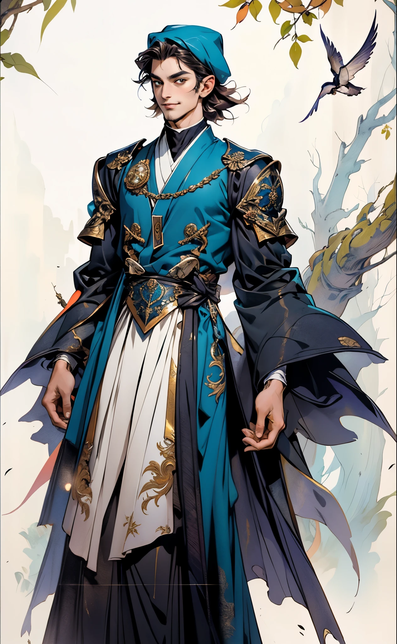 A young man wearing a scholar's square cap, clear and bright eyes, a dignified and refined face, a friendly smile, short hair is peeking out the cap, tall and slender figure, a fantasy-style scholar's long robe coat with a long hem, wide sleeves, loose trousers, bathed in sunlight amidst the gentle breeze of the woods, this character embodies a finely crafted fantasy martial arts-style scholar in anime style, exquisite and mature manga art style, high definition, best quality, highres, ultra-detailed, ultra-fine painting, extremely delicate, professional, perfect body proportions, golden ratio, anatomically correct, symmetrical face, extremely detailed eyes and face, high quality eyes, creativity, RAW photo, UHD, 32k, Natural light, cinematic lighting, masterpiece-anatomy-perfect, masterpiece:1.5