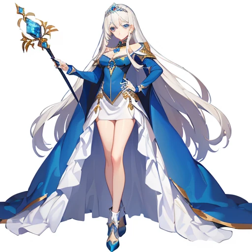 tmasterpiece, high detal, full bodyesbian, An adult female, magestic, Long platinum blonde curly hair, blue color eyes, beauitful face, Long blue dress, White sleeves, Small cape, Booties, Metal pendants, Gemstone tiara, Take the staff, looking at viewert, stand posture, Serious, tachi-e, 4K, (((white background))),
