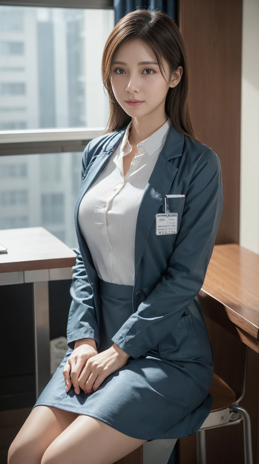 Photorealistic beautiful doctor、amazingly beautiful、doctor&#39;white clothes, collared shirt、(highest quality、8K、32k、masterpiece、nfsw:1.3)、ultra high resolution,(Photoreal:1.4),Raw photo, detailed face,,beautiful hair, ((doctor style)), , black tight skirt、 natural makeup,, big and full breasts、Inside the hospital, detailed background, perfect lighting, Depth of written boundary, beautiful shadow gradation,Stethoscope ,NSFW、Beautiful female doctor、Fall in love、Her underwear is visible、Sit in the examination chair、