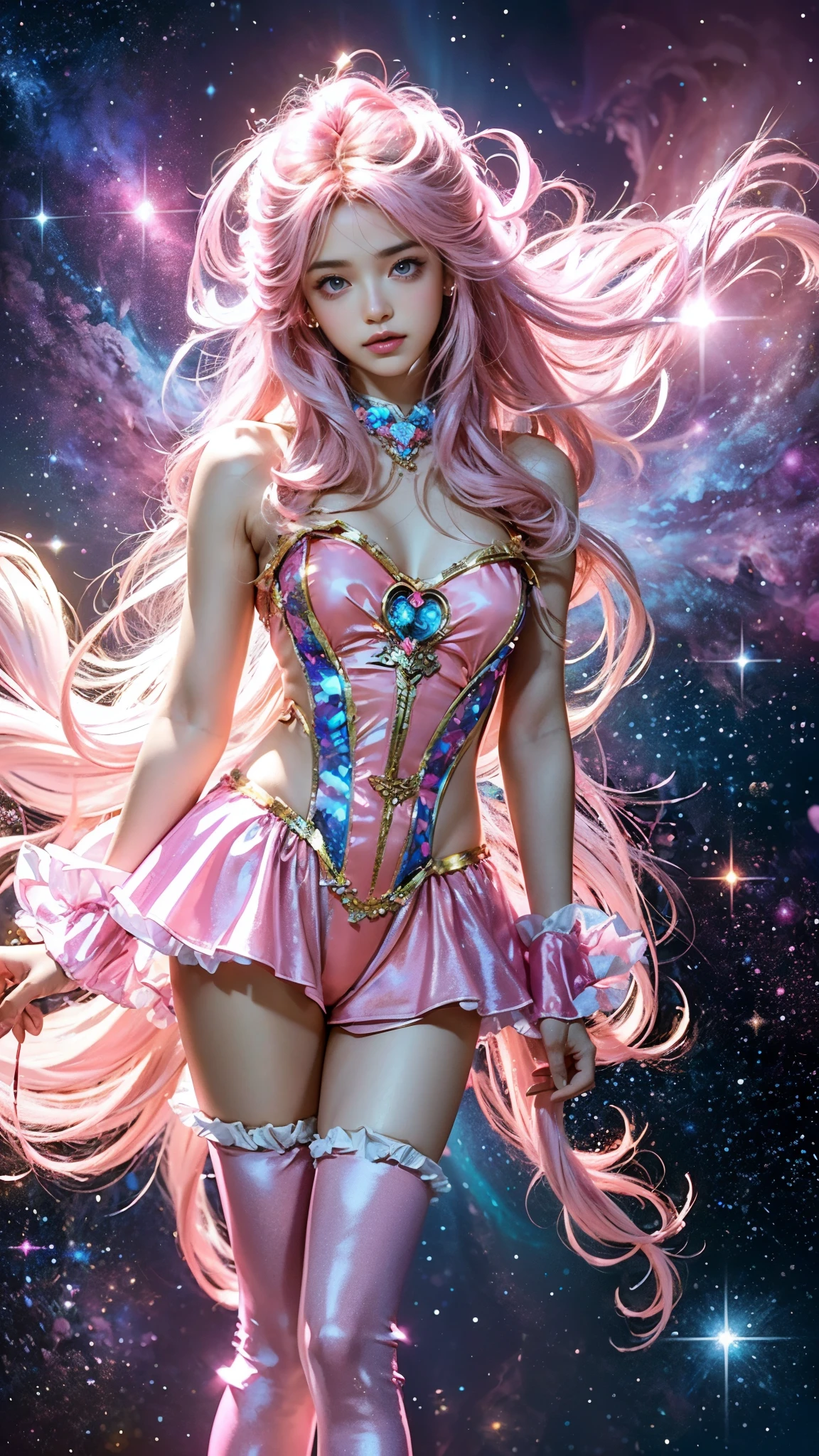 4K Ultra HD, Masterpiece, A girl with a magical aura, (good face:1.2), very Long hair, Detailed eyes, Glossy lips, ****ta costume, (pink costume:1.5), The aura around the body, Magical effect, Spread white light, Cosmic elements and ethereal atmosphere, A mix of bright lights and colorful nebulae, universe background, Perfect body,