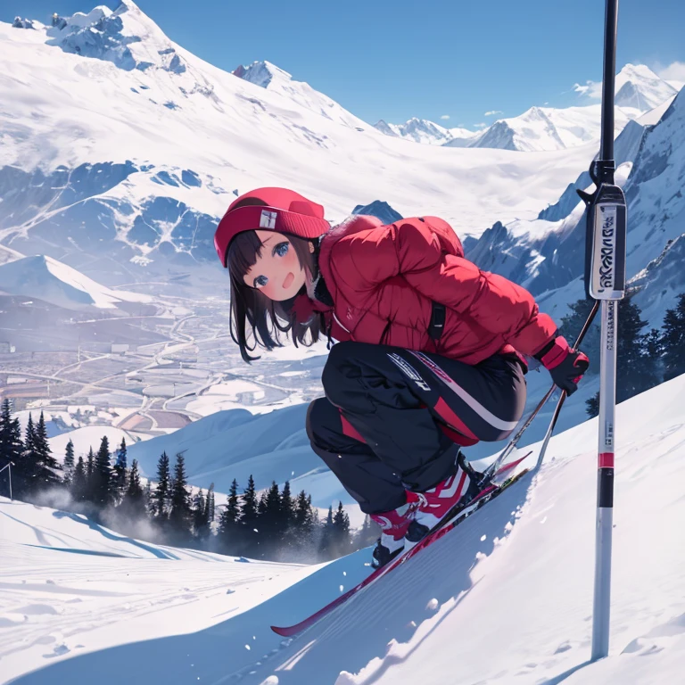masterpiece, highest quality、Medium wide shot、1. A girl with beautiful eyes、laughing、skiing、skiing、skiingウェア、snow scene、ski slope、