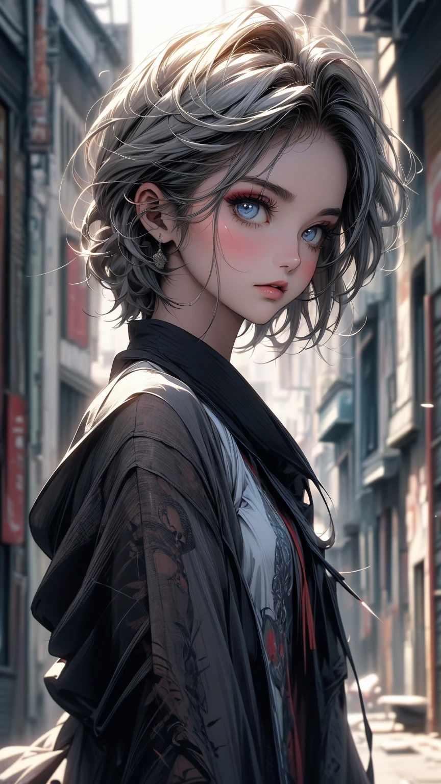 (masterpiece, High resolution, highest quality), ((20 year old woman, Composition from head to stomach, Upper body focus)), fashion pose, detailed eyes, Avant-garde makeup, messy short hair:1.2, ash gray hair, grunge fashion, blurred background, The deserted backstreets of Cuba:1.3, cinematic lighting, anime style, simple lines, digital painting,