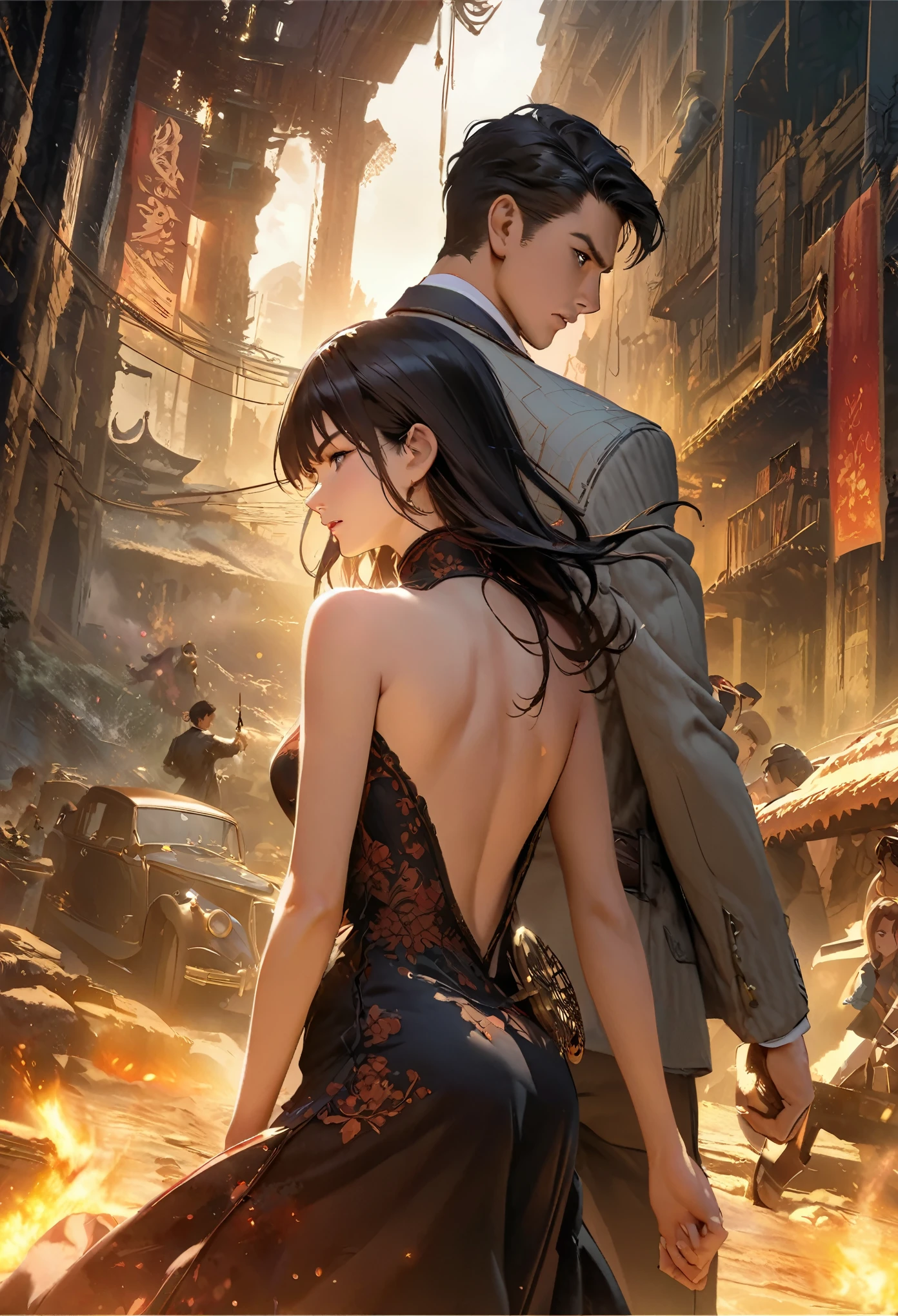 movie poster, movie artwork, concept art of love, romance novel cover, highres, top quality, best quality, perfect artwork, absurdres, perfect anatomy(young male detective and a woman in a Chinese dress back to back)with some elements of 007, battle,
