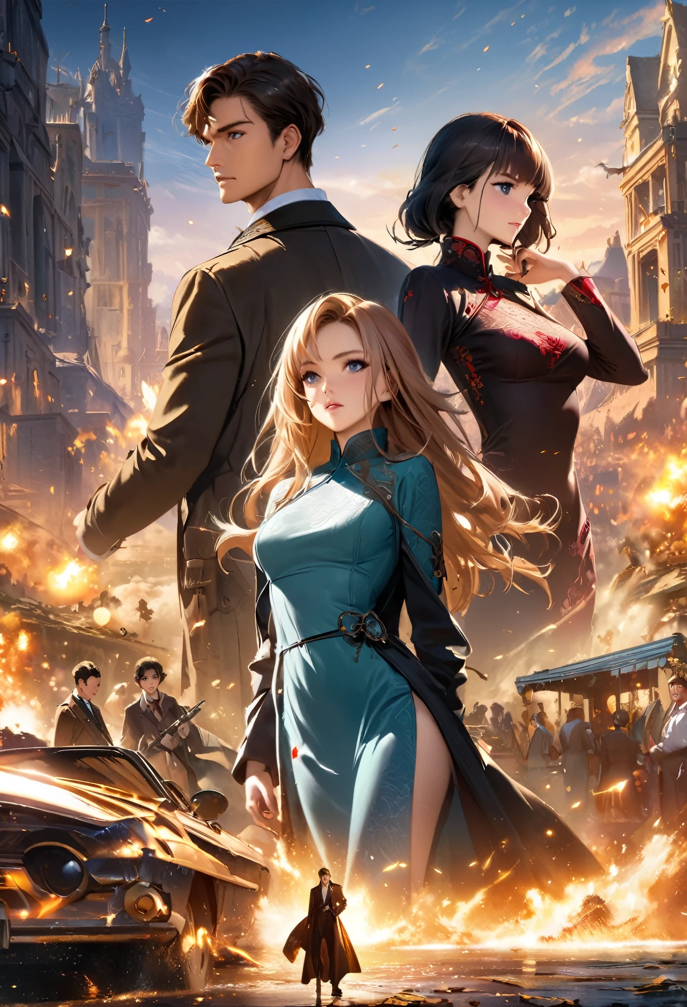 movie poster, movie artwork, concept art of love, romance novel cover, highres, top quality, best quality, perfect artwork, absurdres, perfect anatomy(young male detective and a woman in a Chinese dress back to back)with some elements of 007, battle,
