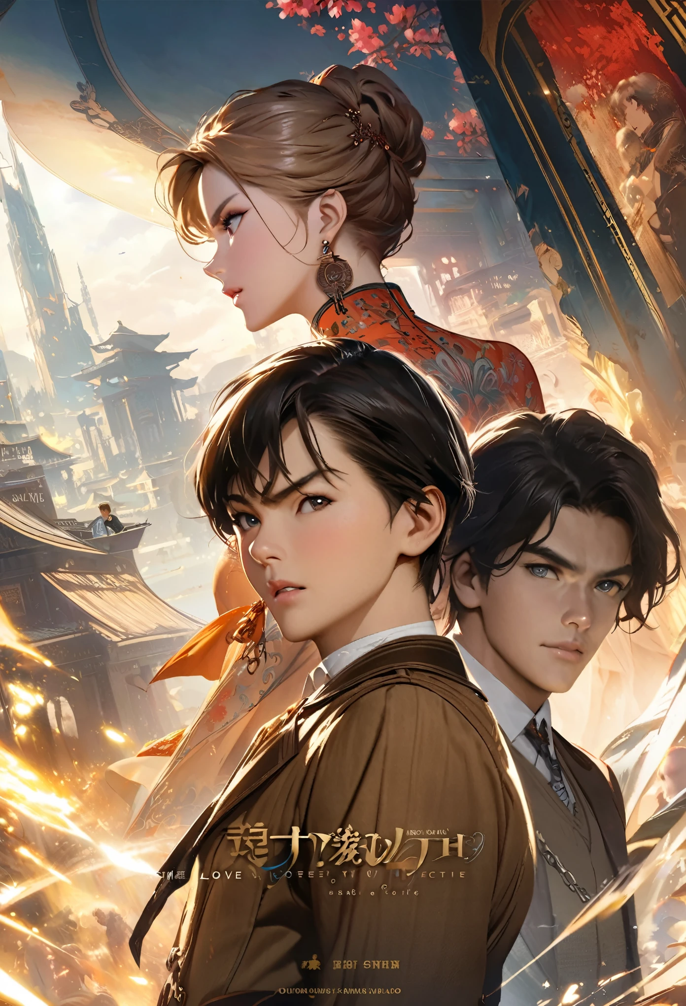 movie poster, movie artwork, concept art of love, romance novel cover, highres, top quality, best quality, perfect artwork, absurdres, perfect anatomy(young male detective and a woman in a Chinese dress back to back)with some elements of 007, battle,