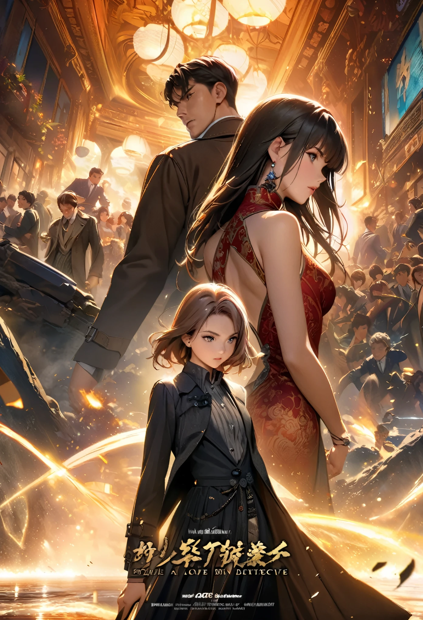 movie poster, movie artwork, concept art of love, romance novel cover, highres, top quality, best quality, perfect artwork, absurdres, perfect anatomy(young male detective and a woman in a Chinese dress back to back)with some elements of 007, battle,