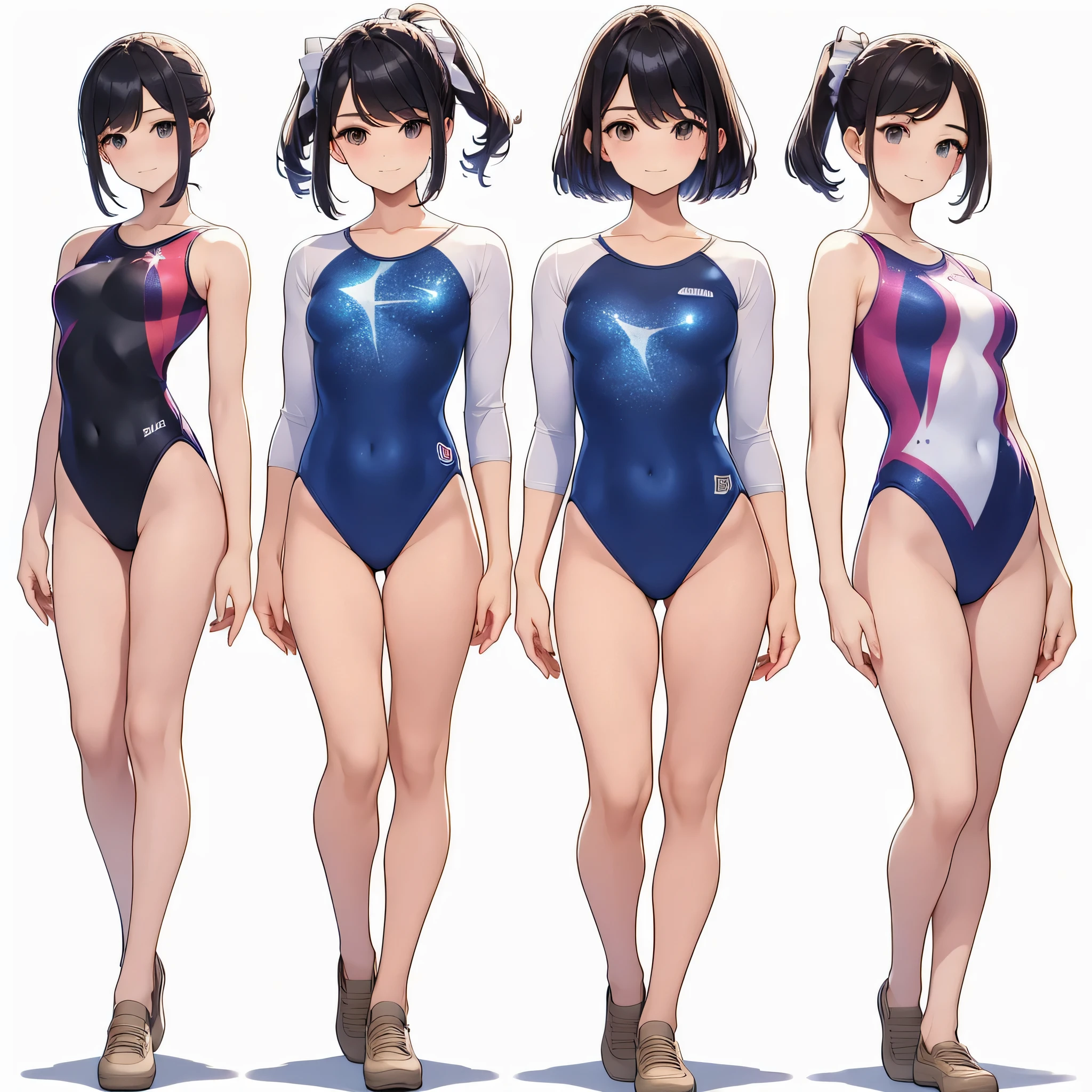 ((full body)),(masterpiece, best quality), (3 girls1.5) ,((Contrapposto:1.5)), looking at viewer, walking,((v_arms:1.2)), (wearing gymnastics_longsleeves_leotard_outfit leotard:1.3),(blue leotard) ,(galaxy print:1.3), BREAK masterpiece black hair, ((long hair:1.2)), ((parted bangs:1.3)), black eyes, good hand, ((small breasts)), (over 20 years old, under 25 years old:1.2), , spotlight, happy, smile, BREAK in the class room