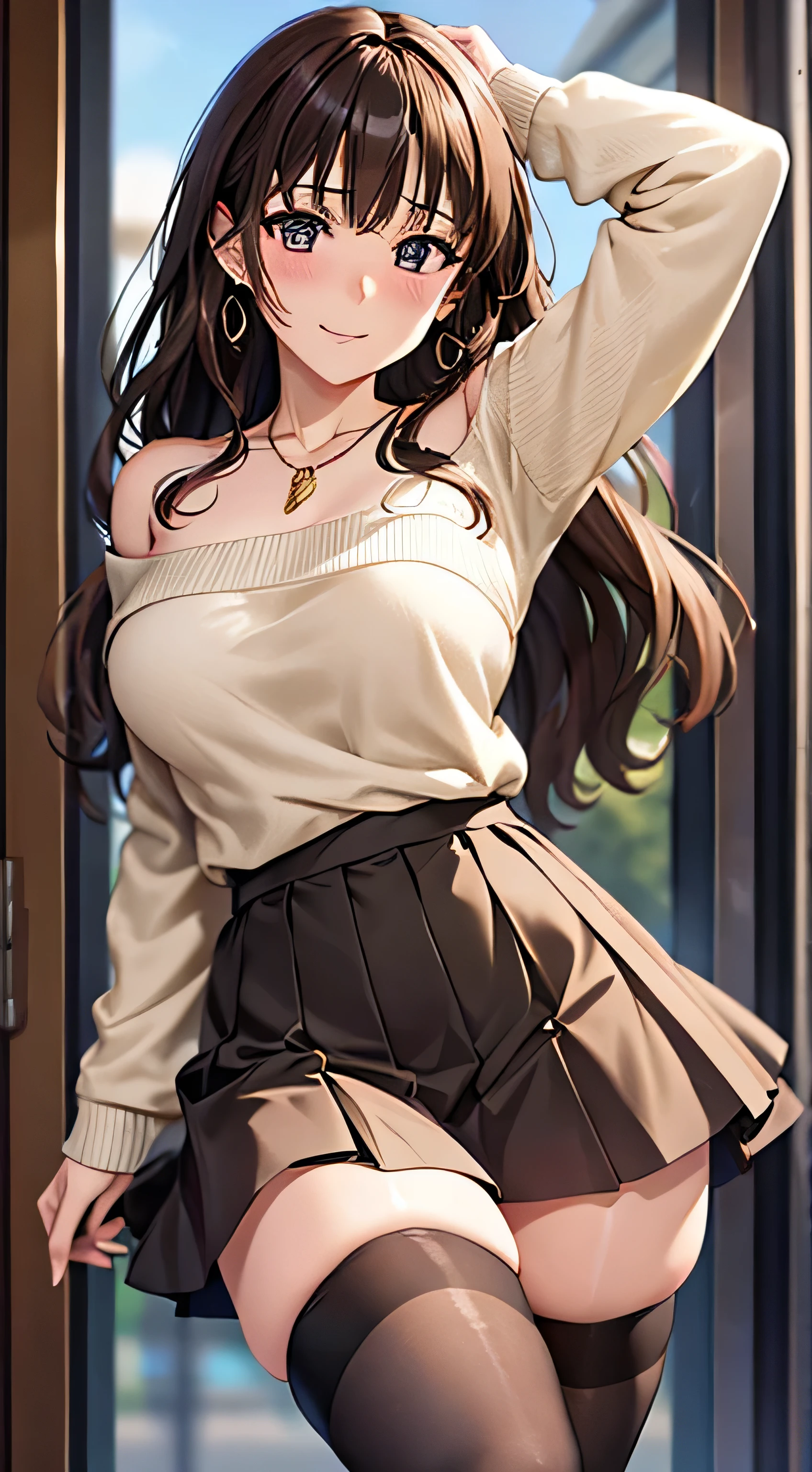 (table top, highest quality, High resolution, , perfect pixel, 4k,), 1 girl, single, alone, Beautiful woman、I could see the whole body、 ((Wavy mid-hair, bangs, brown hair)), ((brown eyes, beautiful eyelashes, realistic eyes)), ((detailed face, blush:1.2)), ((smooth texture:0.75, realistic texture:0.65, realistic:1.1, Anime CG style)), medium breasts, dynamic angle, perfect body, ((, female teacher, , earrings、necklace、beige off shoulder sweater、Long pleated skirt、black knee high stockings、pink lace panties、shy smile、Lift up your skirt and show your panties)), Upper grade、、、evening、、Bring your arms together to emphasize your chest、Hold the necklace between your chest、(、()、angle from below)、
