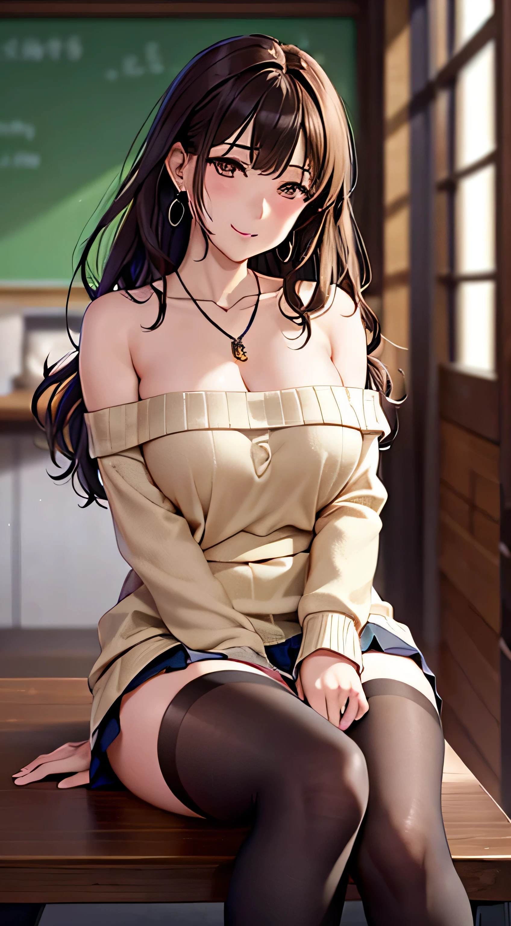 (table top, highest quality, High resolution, , perfect pixel, 4k,), 1 girl, single, alone, Beautiful woman、I could see the whole body、 ((Wavy mid-hair, bangs, brown hair)), ((brown eyes, beautiful eyelashes, realistic eyes)), ((detailed face, blush:1.2)), ((smooth texture:0.75, realistic texture:0.65, realistic:1.1, Anime CG style)), medium breasts, dynamic angle, perfect body, ((, female teacher, , earrings、necklace、beige off shoulder sweater、Long pleated skirt、black knee high stockings、pink lace panties、shy smile、Lift up your skirt and show your panties)), Upper grade、、、evening、、Bring your arms together to emphasize your chest、Hold the necklace between your chest、(、()、angle from below)、