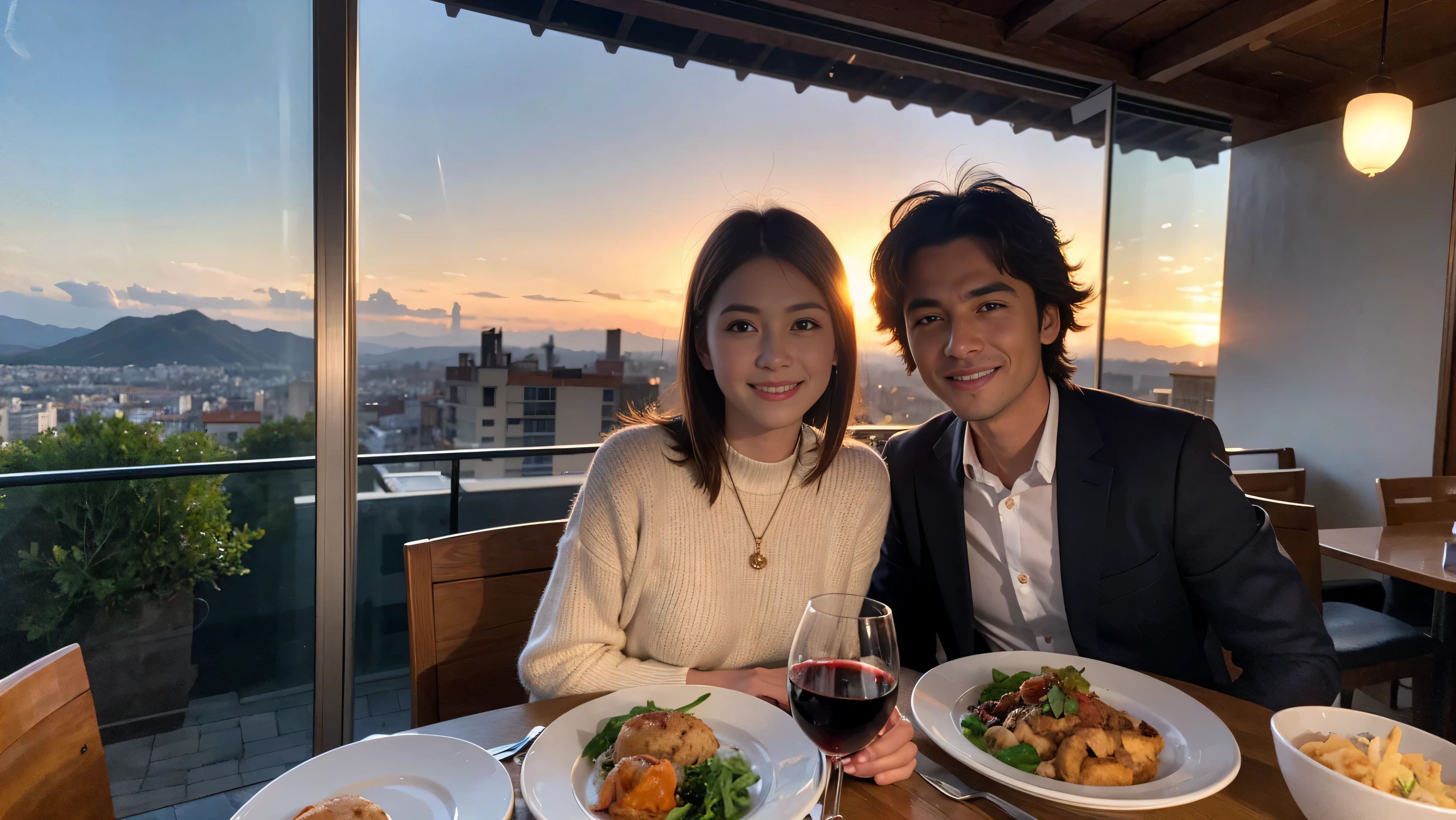 ((Highest quality、、masterpiece:1.3))、1 male、1 female、spouse、Beautiful couple、Japanese couple、smile、 (Slim face), (the body is スリム), (Brown Hair), (Shortcuts), ((Bob Hale、Straight hair:1.2)), テーブルの上のwine glass、Please shine a light on my face、 Amazing view of the sunset sky and clouds、Amazing mountain views、smileの美しさ、Bright image、Blushing, Shortcuts,Bright Face、 age), 39 age, red wine 、Appetizers、Italian food、Wine bottle、Champagne、sparkling wine、Long sleeve shirt、dress、Attractive beauty、restaurant, Nova Frog Style, actress, model, Upper Body, White wine, red wine, wine glass, 