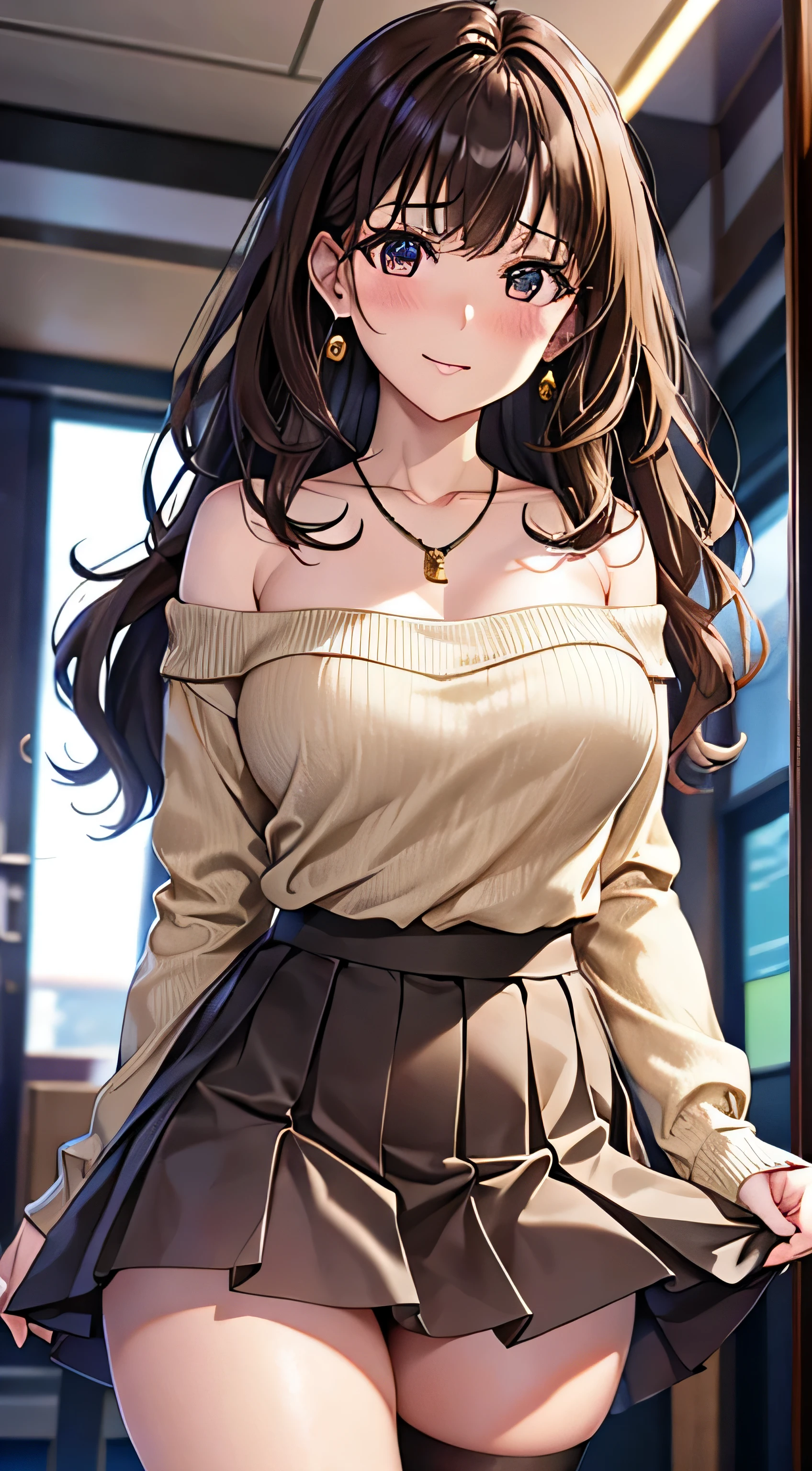 (table top, highest quality, High resolution, , perfect pixel, 4k,), 1 girl, single, alone, Beautiful woman、I could see the whole body、 ((Wavy mid-hair, bangs, brown hair)), ((brown eyes, beautiful eyelashes, realistic eyes)), ((detailed face, blush:1.2)), ((smooth texture:0.75, realistic texture:0.65, realistic:1.1, Anime CG style)), medium breasts, dynamic angle, perfect body, ((, female teacher, , earrings、necklace、beige off shoulder sweater、Long pleated skirt、black knee high stockings、pink lace panties、shy smile、Lift up your skirt and show your panties)), Upper 、、、evening、、Bring your arms together to emphasize your chest、Hold the necklace between your chest、(、()、angle from below)、