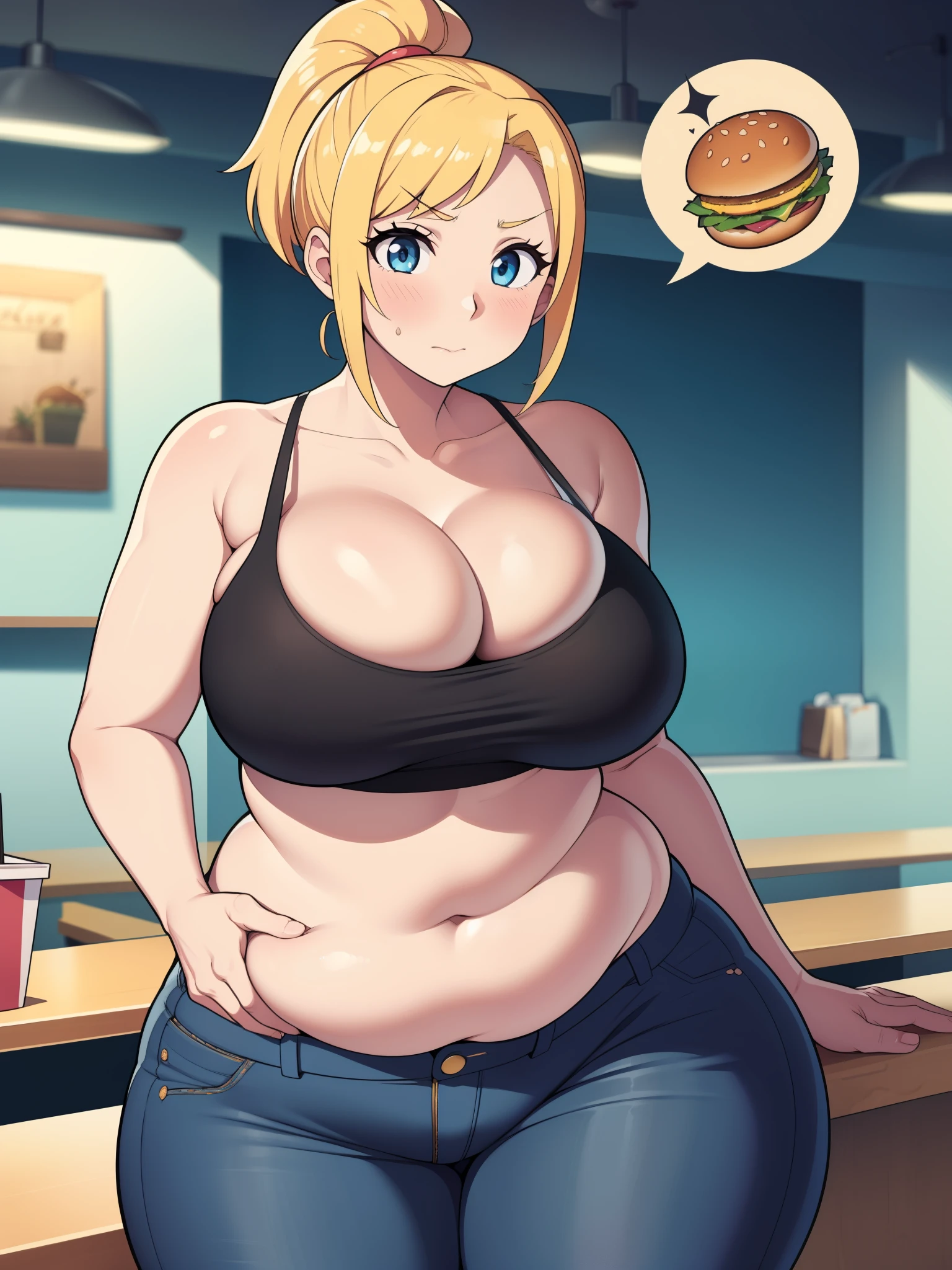 ((Masterpiece)), perfect anatomy, perfect shading, field of depth, (best quality), extremely delicate and beautiful, perfect lighting, detailed face, ultra cute face, cute, ((1girl)), ((solo))

short fluffy blonde hair, ponytail, blue eyes, ((blush)), nervous, looking at viewer, crop top, jeans, cleavage, large breasts, ((thick thighs)), (wide hips), plump, chubby belly, belly hang, fat folds

intricate background, detailed background, fast food restaurant,
