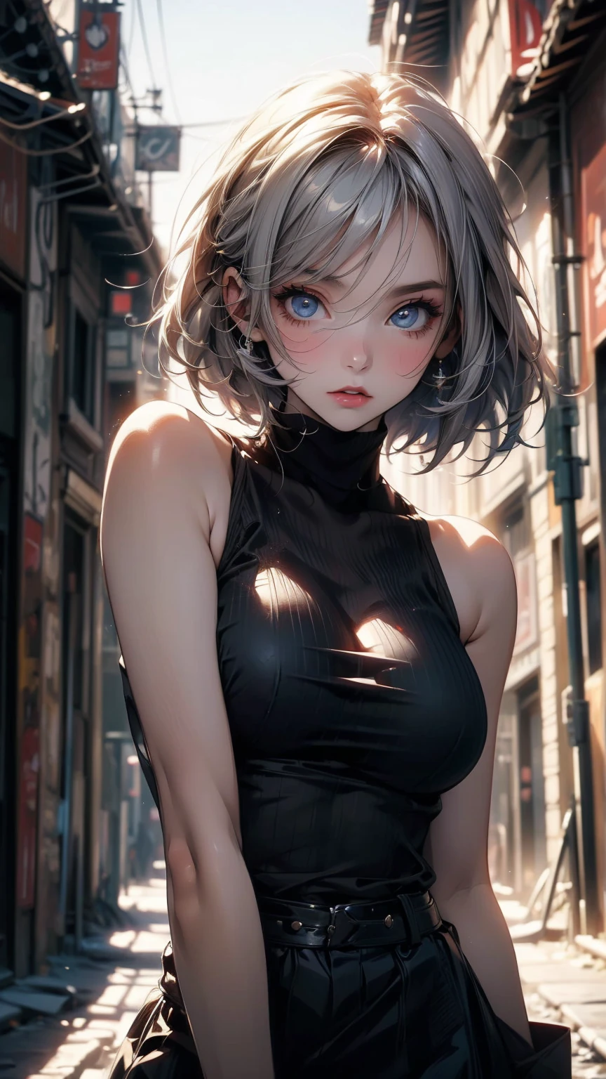(masterpiece, High resolution, highest quality), ((20 year old woman, Composition from head to stomach, Upper body focus)), fashion pose, detailed eyes, Avant-garde makeup, messy short hair:1.2, ash gray hair, grunge fashion, blurred background, The deserted backstreets of Cuba:1.3, cinematic lighting, anime style, simple lines, digital painting,