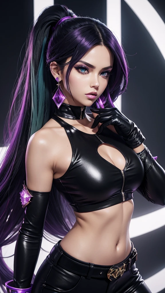 (studio), high detailed, 8k, highres, (k/da all out kai'sa), league of legends, k/da \(league of legends\), 1girl, solo, cowboy shot, official alternate costume, black hair, multicolored hair, long hair, very long hair, ponytail, long ponytail, streaked hair, green hair, two-tone hair, purple eyes, lips, jewelry, earrings, makeup, bare shoulders, crop top, black crop top, collarbone, collar, shiny clothes, detached sleeves, breasts, medium breasts, crystals, gloves, elbow gloves, single fingerless glove, midriff, belt, pants, white pants, tight pants, high-waist pants, looking at viewer, spreading legs,ahegao face,legs spread