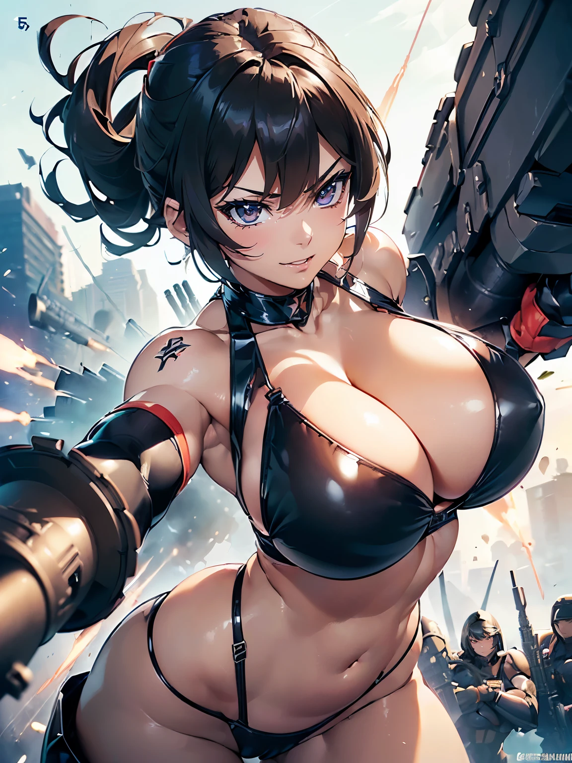 ((1 lady))、ultra-detailliert, Top image quality, digitial illustration, Seductive Anime Girl, Glossy realistic skin texture、Meticulously drawn hair, Meticulously drawn eye, Sharp Focus, Precise human body structure、Smooth texture、((Combative posing:1.5)), ((fighting stance))、((Holding a big Heavy artillery:1.6, armament:1.3))、((bazooka and gatling gun and rocket launcher))、((dynamism:1.3))、((dynamic angle:1.2))、((Hover effect:1.4)), ((Being in battle field:1.2))、seductive smile、((latex micro bikini:1.3 crop top:1.3))、((sleeveless))、((cleavage:1.3))、((crop top navel))、((highleg:1.3))、((huge breasts:1.3))、((huge hip:1.3))、((thick thighs))、curvy、((collarbone))、((cameltoe))
