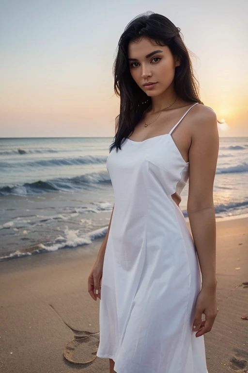 (romanian girl) (skinny) (realistic) (black hair) (photo realism) (beautiful) (instagram picture) (80 mm) (beach) (port elizabeth) (white dress) (sunset)