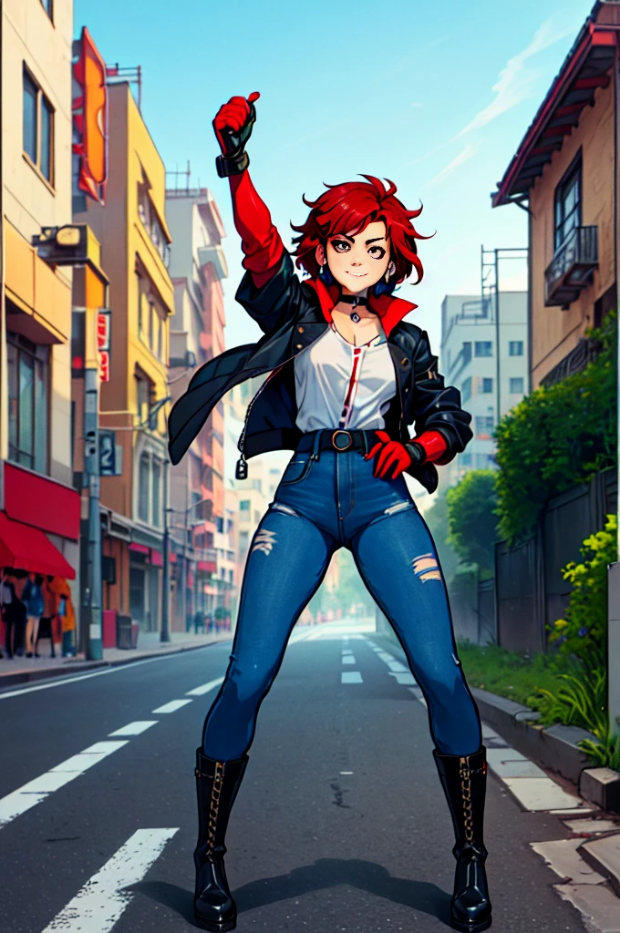 a Sukeban girl in the art style of persona5 and in the art style of street of rage 4, delinquent, (Sukeban), mature female, blush, mature, older woman, 26 years old, Sukeban teacher outfit, ((((1girl, solo female, solo, solo focus:1,9)))++++, choker, Sukeban teacher, Sukeban fighter, long sleeves, open jacket, blue jacket,( jeans)+++, light skin tone female, (full body)+++++, jacket, biker jacket, tape, arm support, gloves, red gloves, bridal gauntlets, nail polish, boots, black footwear, fighter outfit, (full body)+++++++, hourglass, mature face, cheeky smile, cheeky face, wrinkles, (((((red hair, short hair, earrings, ear piercings)))), red eye, fighting art, Martial arts, standing, fighting stance, fight, fighting), extra colors, 2D, megapixel, perfectionism, accent lighting, full HD , (Masterpiece:1.2), (full-body-shot:1),(cowboy shot:1.2), (Highly detailed:1.2),(anime Detailed Face:1.2), Colorful, A detailed eye, (Detailed landscape:1.2), (natural lighting:1.2), ((Sukeban school teacher)) by Vincent Di Fate: Aidyllery, Anamorphic Shot, rule of thirds, face by Artgerm and WLOP, ((street of rage 4 city backround)), fictive city backround in the style art of street of rage 4, gainax anime style, studio gainax art, studio gainax illustration, inspired by Masamune Shirow, studio gainax, by Masamune Shirow, beautiful charcter from evangelion, street of rage 4 art, street of rage 4 illustration,