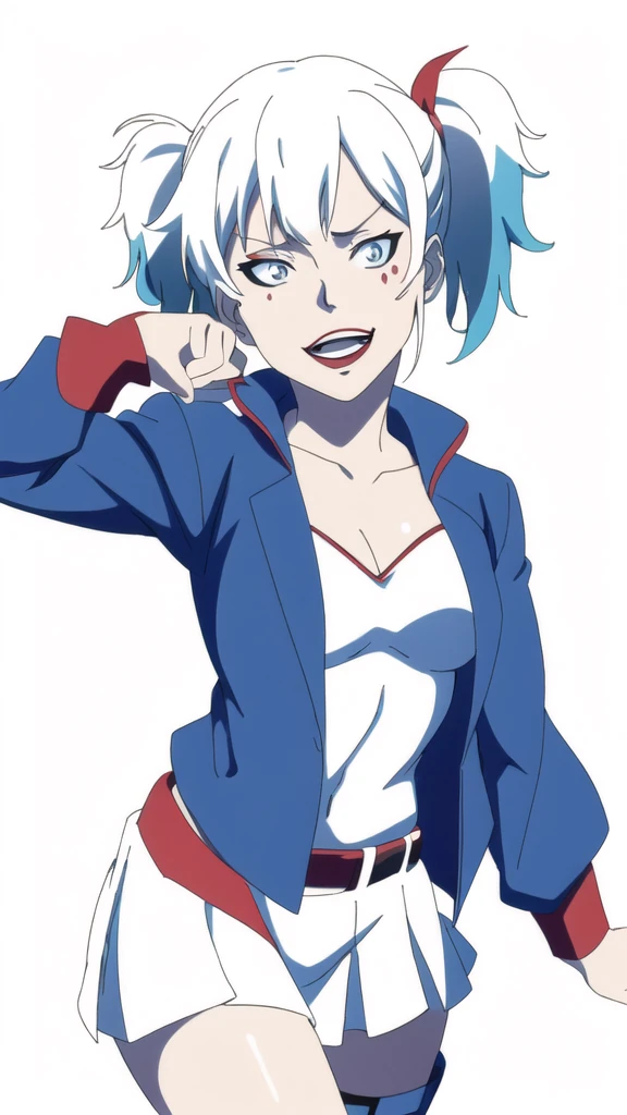 (Illustration, high resolution, best quality: 1.5, masterpiece, minimalist, whitebackground: 2, simplistic detail, anime), solo: 2, adult female, sexy female, harley quinn, crazy look, open mouth, happy, jacket,