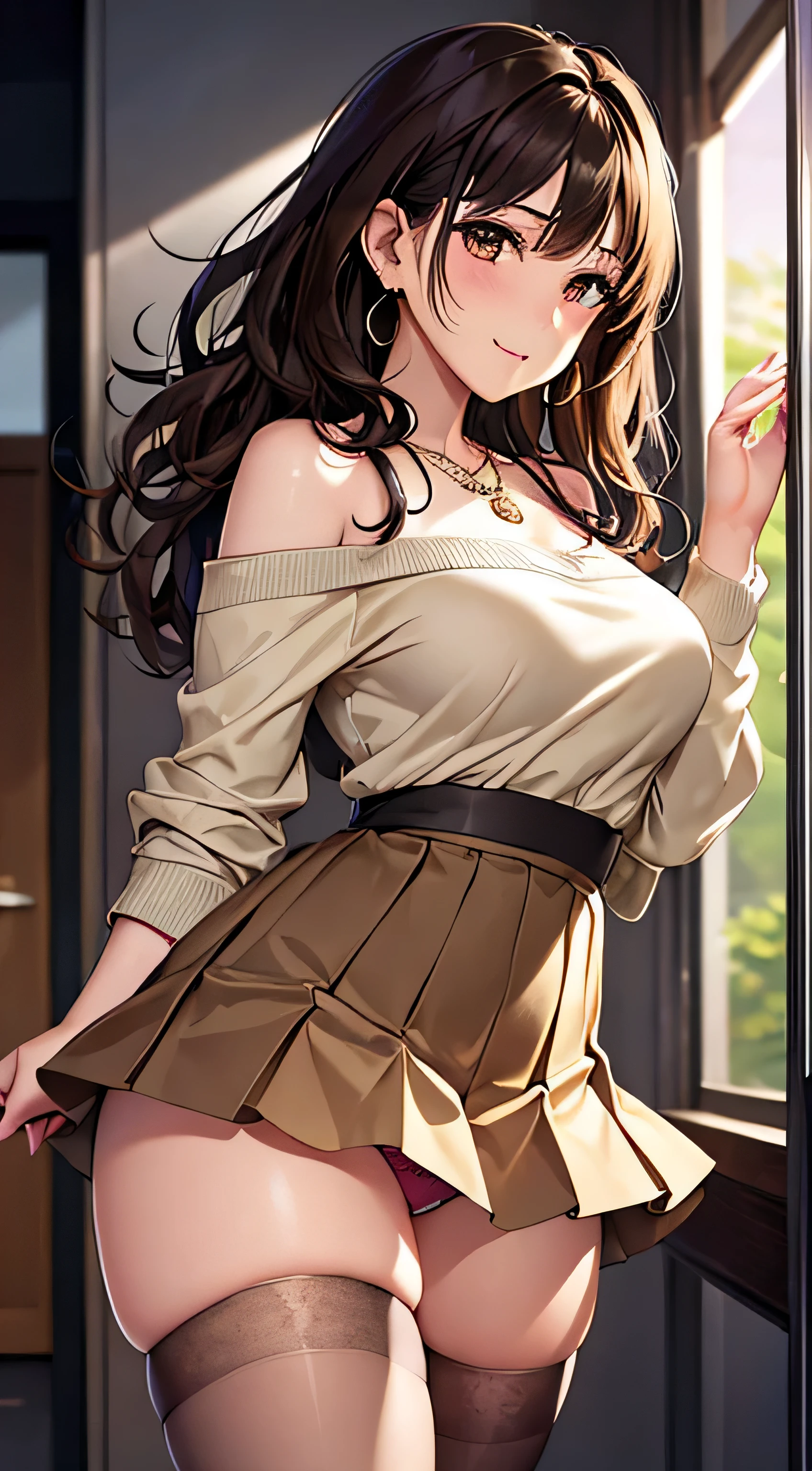 (table top, highest quality, High resolution, , perfect pixel, 4k,), 1 girl, single, alone, Beautiful woman、I could see the whole body、 ((Wavy mid-hair, bangs, brown hair)), ((brown eyes, beautiful eyelashes, realistic eyes)), ((detailed face, blush:1.2)), ((smooth texture:0.75, realistic texture:0.65, realistic:1.1, Anime CG style)), medium breasts, dynamic angle, perfect body, ((, female teacher, , earrings、necklace、beige off shoulder sweater、Long pleated skirt、black knee high stockings、pink lace panties、shy smile、Lift up your skirt and show your panties)), Upper grade、、、evening、、Bring your arms together to emphasize your chest、Hold the necklace between your chest、(、()、angle from below)、