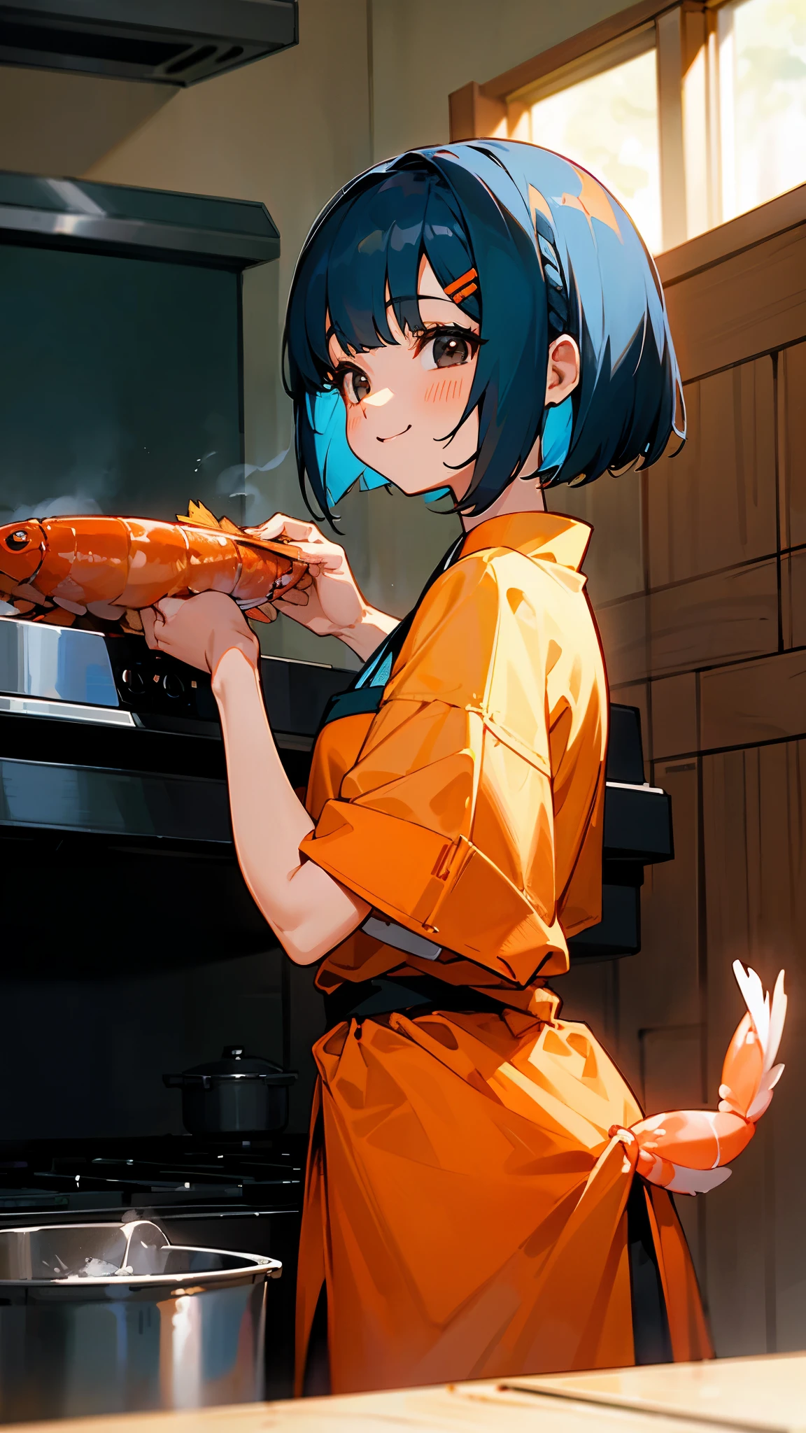 1 girl、anime painting、Cute shrimp woman cooking delicious food in the kitchen、Beautiful brown and jet black eyes、Light blue hair、bob hairstyle、Orange hair clip、smile、From the side、sharp outline