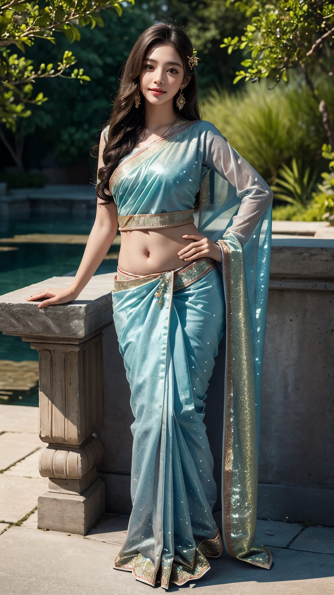 (Masterpiece:1.4), CG Unity 8k walpaper, ((Realistic: 1.2)), Ray Tracing, 64k,a girl 20 years, ((Luxury glitter Blue wearing an elegant saree: 1.2)), curly long hair,deep black eyes,shiny red lips,brown skin,lotus flower in her hair, palms decorated with henna,in a blooming garden,bright colorful flowers,green grass,blue sky,sunshine falling on her,peaceful and serene expression,subtle smile on her face,fingers delicately touching flower petals,body language full of grace and elegance, scenic beauty,painting as medium,detailed and vivid,high-resolution image,photorealistic rendering,vibrant colors,soft lighting, [(4 different Poses),(pose 1: Grab hair with both hands, tighten tummy to lift hips,stand side ways),(pose 2: strech your arm,hand on hip, tighten tummy and lift hip),(pose 3: tilt head to smile,put arm behind back,place arm side by leg),(pose 4: title your head to smile,put your hands naturally by your side,stand side ways)], (Detailed poses), (Detailed Dress), (detailed background) , Beautiful human real fingers, beautiful human real hands, Real human natural skin, 