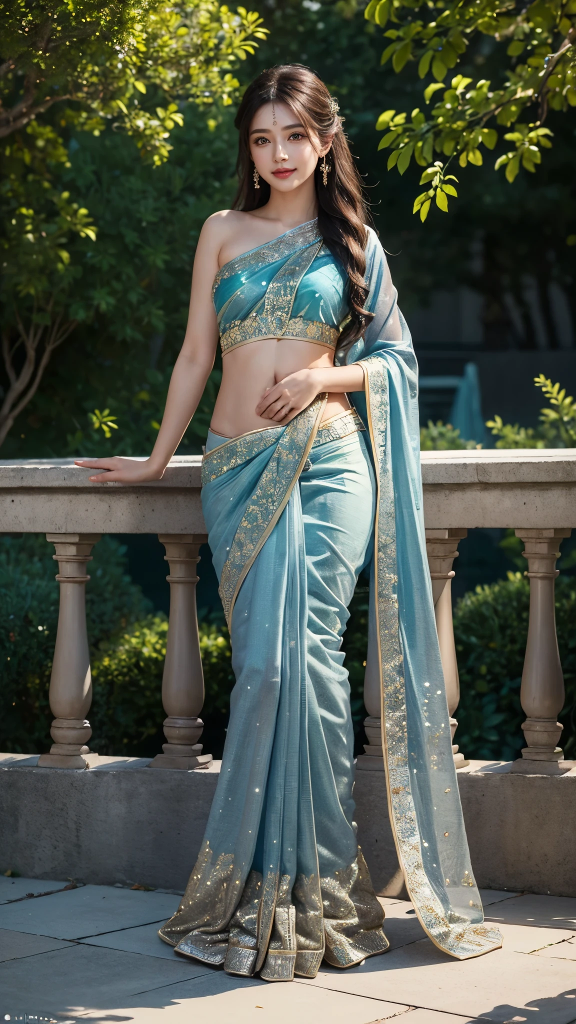 (Masterpiece:1.4), CG Unity 8k walpaper, ((Realistic: 1.2)), Ray Tracing, 64k,a girl 20 years, ((Luxury glitter Blue wearing an elegant saree: 1.2)), curly long hair,deep black eyes,shiny red lips,brown skin,lotus flower in her hair, palms decorated with henna,in a blooming garden,bright colorful flowers,green grass,blue sky,sunshine falling on her,peaceful and serene expression,subtle smile on her face,fingers delicately touching flower petals,body language full of grace and elegance, scenic beauty,painting as medium,detailed and vivid,high-resolution image,photorealistic rendering,vibrant colors,soft lighting, [(4 different Poses),(pose 1: Grab hair with both hands, tighten tummy to lift hips,stand side ways),(pose 2: strech your arm,hand on hip, tighten tummy and lift hip),(pose 3: tilt head to smile,put arm behind back,place arm side by leg),(pose 4: title your head to smile,put your hands naturally by your side,stand side ways)], (Detailed poses), (Detailed Dress), (detailed background) , Beautiful human real fingers, beautiful human real hands, Real human natural skin, 