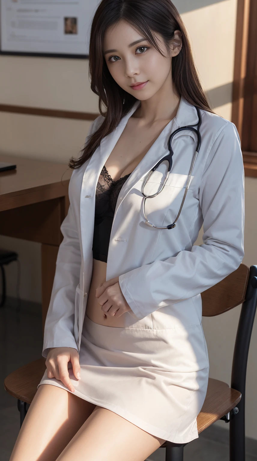 Photorealistic beautiful doctor、amazingly beautiful、doctor'white clothes, collared shirt、(highest quality、8K、32k、masterpiece、nfsw:1.3)、ultra high resolution,(Photoreal:1.4),Raw photo, detailed face,,beautiful hair, ((doctor style)), , black tight skirt、 natural makeup,, big and full breasts、Inside the hospital, detailed background, perfect lighting, Depth of written boundary, beautiful shadow gradation,Stethoscope ,NSFW、Beautiful female doctor、Fall in love、Her underwear is visible、Sit in the examination chair、