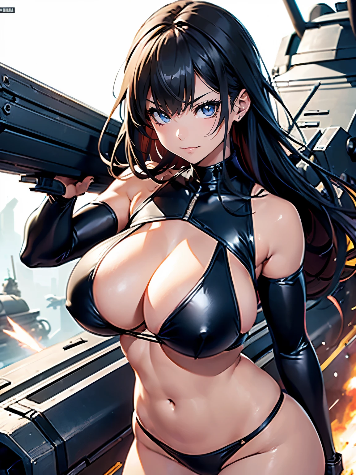 ((1 lady))、ultra-detailliert, Top image quality, digitial illustration, Seductive Anime Girl, Glossy realistic skin texture、Meticulously drawn hair, Meticulously drawn eye, Sharp Focus, Precise human body structure、Smooth texture、((Combative posing:1.5)), ((fighting stance))、((Holding a big Heavy artillery:1.6, armament:1.3))、((bazooka and gatling gun and rocket launcher))、((dynamism:1.3))、((dynamic angle:1.2))、((Hover effect:1.4)), ((Being in battle field:1.2))、seductive smile、((latex micro bikini:1.3 crop top:1.3))、((sleeveless))、((cleavage:1.3))、((crop top navel))、((highleg:1.3))、((huge breasts:1.3))、((huge hip:1.3))、((thick thighs))、curvy、((collarbone))、((cameltoe))