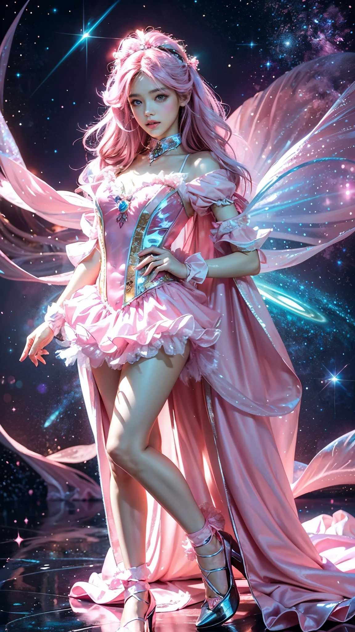 4K Ultra HD, Masterpiece, A girl with a magical aura, (good face:1.2), very Long hair, Detailed eyes, Glossy lips, Lolita costume, (pink costume:1.5), The aura around the body, Magical effect, Spread white light, Cosmic elements and ethereal atmosphere, A mix of bright lights and colorful nebulae, universe background, Perfect body,