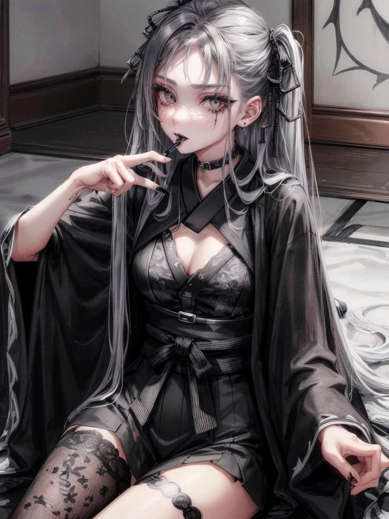 masterpiece, 最high quality, high quality, super detailed, 1 girl, looking at the viewer, gray hair, gray eyes, black lipstick, black shirt, Sitting on a white floor, devil girl, Goscoax, 1 7 years old, goth girl, japanese gothic, gothic punk style, Black Metal Style, put your hand on your head