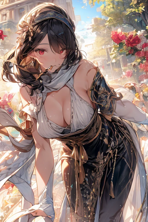 22 years old, (milf:0.8), (solo:1.5), (sfw:1.25), cute breast, beautiful breasts, medium tits, thin waist, big ass:1.0, Raised sexy, (dark mahogany medium short hair, updo, hair band, red eyes, light smile, big , Revimpling fabric, earrings, Hand gloves, detailed face,(smoking:1.3),brunette hair,detailed and beautiful eyes,beautiful detailed lips,Rolling her eyes,manner,hair over one eye, asymmetric hair, Carly hair, low tied braids),(musulman, white Headscarfs, hair bands, head vandage, Turban), (ultra high resolution, 8K RAW photo, photo realistics, thin outline:1.3, clear focus), best qualtiy, natural lighting, textile shading, blurry back ground, field depth, bokeh, (Bright pupils, fine detailed beautiful eyes with highlight:1.3, high detailed face), Red lip, fine realistic skins:1.1, looking down viewers:1.3, (dynamic angle:1.3, front view:1.1, breast focus:1.3, from below:1.2), (dynamic posing:1.5, sexy posing:1.2, leaning forward),Youghal, side lock, hair ornaments, hair band,nice,garden background,artistic rendering,Super detailed,(highest quality,4k,8K,High resolution,masterpiece:1.2),Bright colors,studio lighting ,in usa military base,