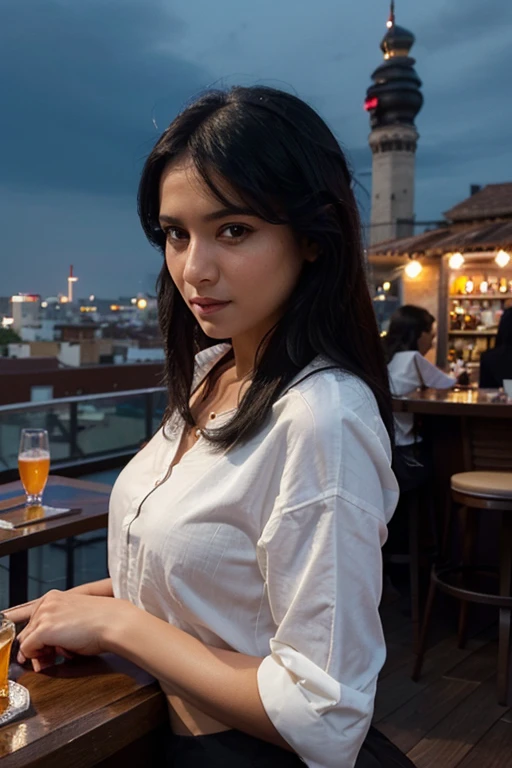(romanian girl) (realistic) (rooftop bar) (black hair) (photo realism) (beautiful) (instagram picture) (fancy restaurant) (7 feet away from camera) (friend took picture)