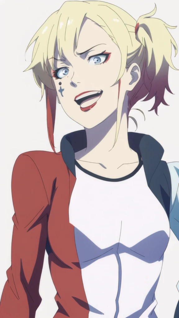 (Illustration, high resolution, best quality: 1.5, masterpiece, minimalist, whitebackground: 2, simplistic detail, anime), solo: 2, adult female, sexy female, harley quinn, crazy look, open mouth, happy, jacket, 