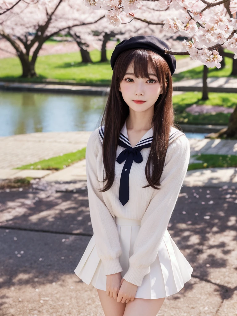 Masterpiece, highest quality, high definition, movie lighting, sunlight, anime, girl looking at the cherry blossoms, solo, perspective through the cherry blossoms, angle looking down on the girl, brown eyes, sparkling eyes, long hair, straight hair, black hair, (shoulders) Long hair, voluminous hair, bangs that hide the eyes; 1.4, eyes peeking through the bangs, red ribbon in the hair, , short stature, young, shadow on the chest, ,
BREAK
, white sailor uniform, long sleeves, white pleated skirt, beret,
BREAK
Park with cherry blossom trees, weeping cherry blossoms, dancing half-villa lawn, pond, park background, (lens flare), (chromatic aberration), (depth of field), Russian,