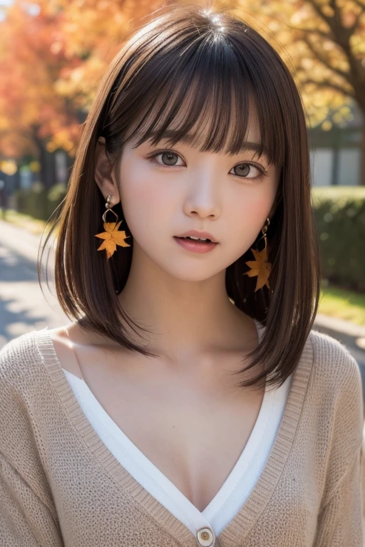 one girl, (a beauty girl, Delicate girl:1.3), (:1.3),
break, (Tree-lined avenue in autumn:1.2), (cardigan:1.2),
break, very fine resolution, (symmetrical eyes:1.3),
break, small breasts, brown eyes, parted bangs, brown hair,  girl,
break, (Eye and face details:1.0), (get closer to the face, zoom in on the face, face focus:1.0),
break, (masterpiece, highest quality, super detailed, detailed face, 8K)、From above、earrings、hair blowing in the wind、blush your cheeks、((expression of surprise:1.4))、open your mouth wide、high angle、super realistic photos、Ginkgo leaves on my head