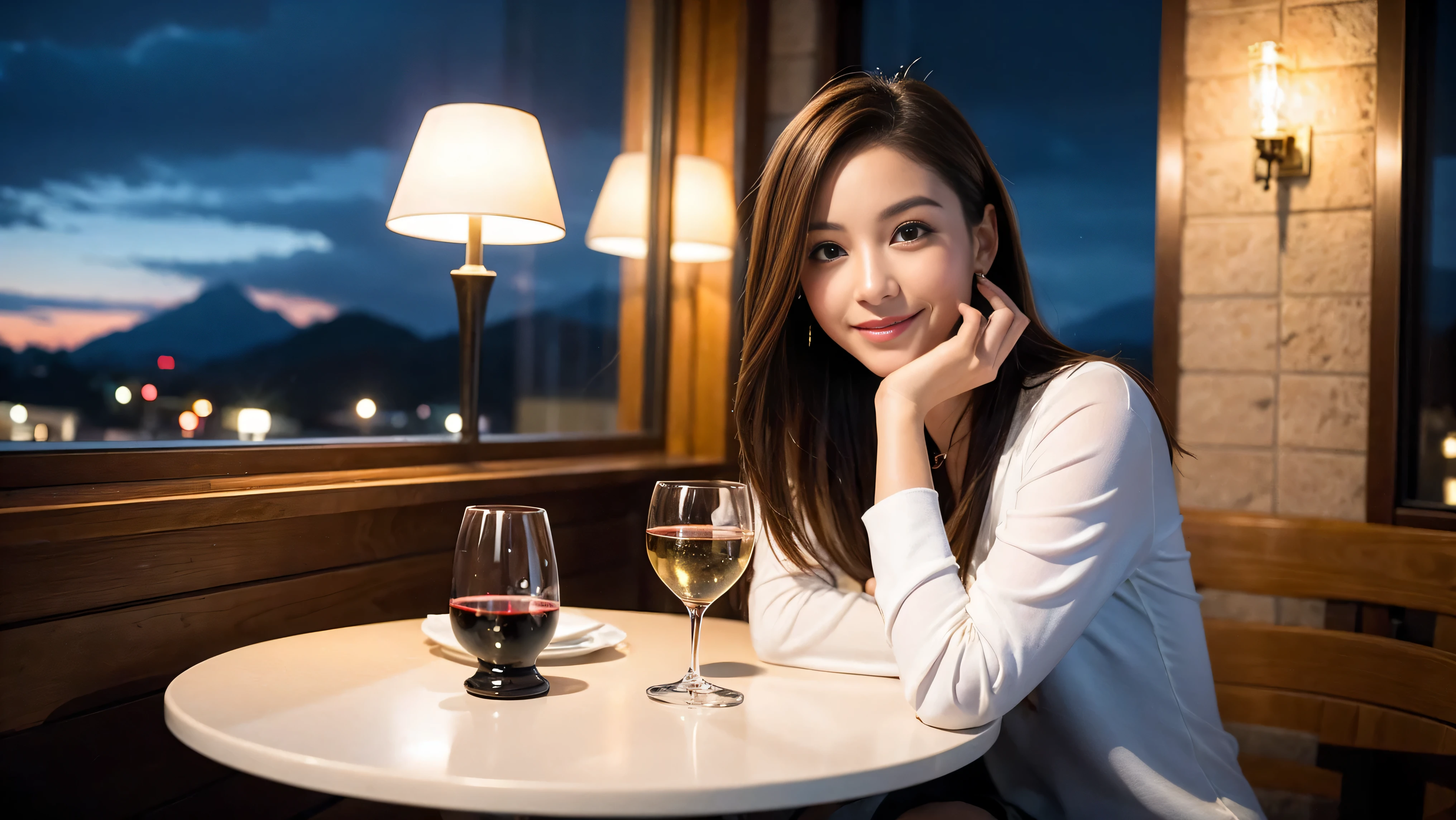 ((highest quality、8K、masterpiece:1.3))、sharp focus:1.2、beautiful woman perfect body:1.4、Slim body、((Bob Hale、straight hair:1.2))、(to be born, highest quality, masterpiece:1.5), (realistic, intricate details:1.2), ultra high resolution, confused,bright image、2 Wine Beauties, beautiful face, blue eyes, fine eyes, symmetrical eyes, light shines on your face, blush your nose, short hair,Spectacular view of the sunset sky and clouds、Amazing mountain views、A bright smile、A lovely woman with a smile、The woman&#39;s face is bright、fox face、lady、Wine Party、hors d'oeuvre、Italian food、2 beauties、brown hair、shortcut、long sleeve shirt、winter fashion、dress、Japanese、Englishman、Dutch、German、Belgian、Italian、French,Wine bottle、hors d'oeuvre、Champagne、sparkling wine、Pretty Woman 1, (slim face), (Because I&#39;m slender), (brown hair), (shortcut), cheeks turn a little red, (37 years old), 39 years old, attractive beauty、, A beautiful and detailed night view spreads out outside the window.........., restaurant, sitting in a wine glass, At night, in a prominent place (from the waist up) nova frog style, actress, model, Upper body, White wine, slim, wine glass, very beautiful night view, wine glass placed in the middle, Smile, (smile: 1.15), beautiful fine eyes, Depth f/2,saturation, high contrast, strong light and shadow,moist body:1.5、3D texture、delicate eyes、brown hair、The hair is very shiny、