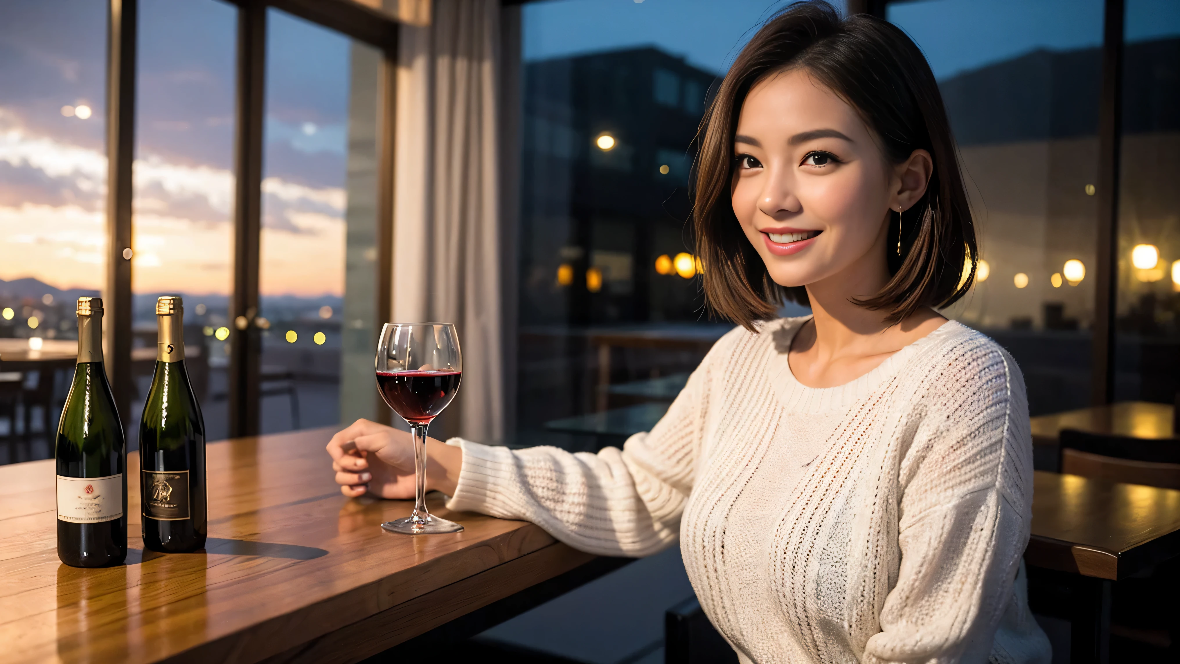 ((highest quality、8K、masterpiece:1.3))、sharp focus:1.2、beautiful woman perfect body:1.4、Slim body、((Bob Hale、straight hair:1.2))、(to be born, highest quality, masterpiece:1.5), (realistic, intricate details:1.2), ultra high resolution, confused,bright image、2 Wine Beauties, beautiful face, blue eyes, fine eyes, symmetrical eyes, light shines on your face, blush your nose, short hair,Spectacular view of the sunset sky and clouds、Amazing mountain views、A bright smile、A lovely woman with a smile、The woman's face is bright、fox face、lady、Wine Party、hors d'oeuvre、Italian food、2 beauties、brown hair、shortcut、long sleeve shirt、winter fashion、dress、Japanese、Englishman、Dutch、German、Belgian、Italian、French,Wine bottle、hors d'oeuvre、Champagne、sparkling wine、Pretty Woman 1, (slim face), (Because I'm slender), (brown hair), (shortcut), cheeks turn a little red, (44 years old), 42 years old, attractive beauty、, A beautiful and detailed night view spreads out outside the window.........., restaurant, sitting in a wine glass, At night, in a prominent place (from the waist up) nova frog style, actress, model, Upper body, White wine, slim, wine glass, very beautiful night view, wine glass placed in the middle, Smile, (smile: 1.15), beautiful fine eyes, Depth f/2,saturation, high contrast, strong light and shadow,moist body:1.5、3D texture、delicate eyes、brown hair、The hair is very shiny、