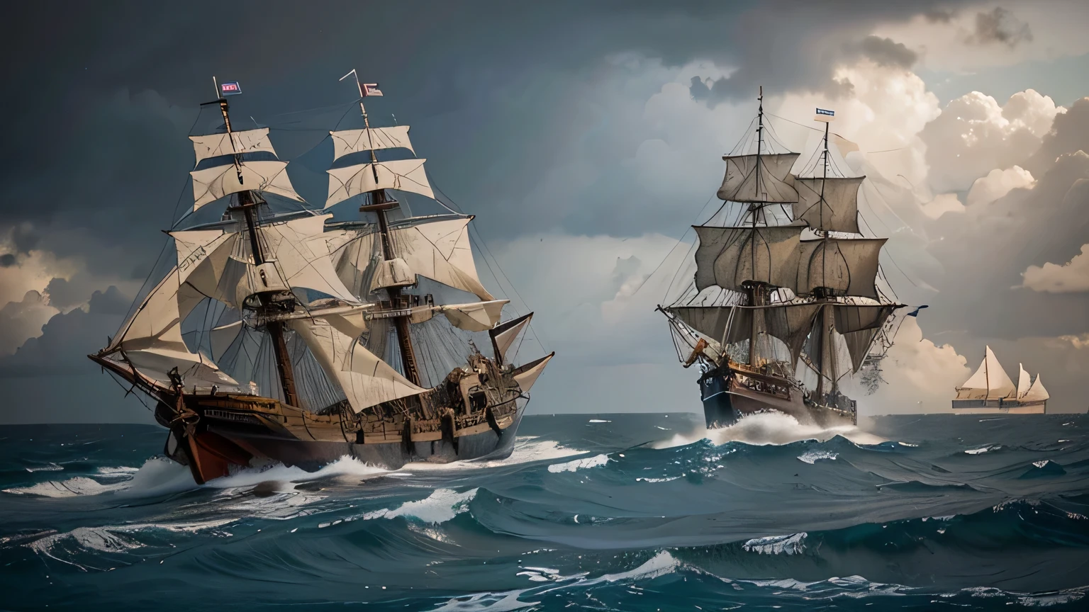 An adventurous scene illustrating Vasco da Gama and his crew navigating their ships around the stormy Cape of Good Hope. The rough seas and treacherous winds challenge the sturdy caravels, with a determined da Gama looking towards the horizon.