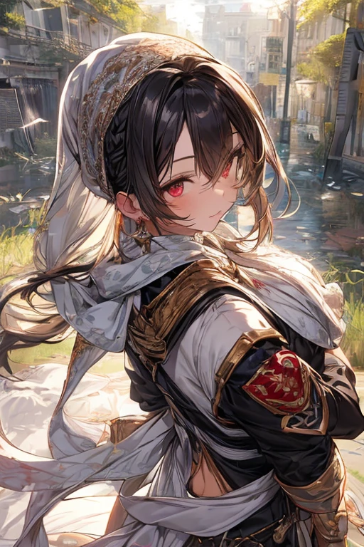 22 years old, (milf:0.8), (solo:1.5), (sfw:1.25), cute breast, beautiful breasts, medium tits, thin waist, big ass:1.0, Raised sexy, (dark mahogany medium short hair, updo, hair band, red eyes, light smile, big , Revimpling fabric, earrings, Hand gloves, detailed face,(smoking:1.3),brunette hair,detailed and beautiful eyes,beautiful detailed lips,Rolling her eyes,manner,hair over one eye, asymmetric hair, Carly hair, low tied braids),(musulman, white Headscarfs, hair bands, head vandage, Turban), (ultra high resolution, 8K RAW photo, photo realistics, thin outline:1.3, clear focus), best qualtiy, natural lighting, textile shading, blurry back ground, field depth, bokeh, (Bright pupils, fine detailed beautiful eyes with highlight:1.3, high detailed face), Red lip, fine realistic skins:1.1, looking down viewers:1.3, (dynamic angle:1.3, front view:1.1, breast focus:1.3, from below:1.2), (dynamic posing:1.5, sexy posing:1.2, leaning forward),Youghal, side lock, hair ornaments, hair band,nice,garden background,artistic rendering,Super detailed,(highest quality,4k,8K,High resolution,masterpiece:1.2),Bright colors,studio lighting ,in usa military base,