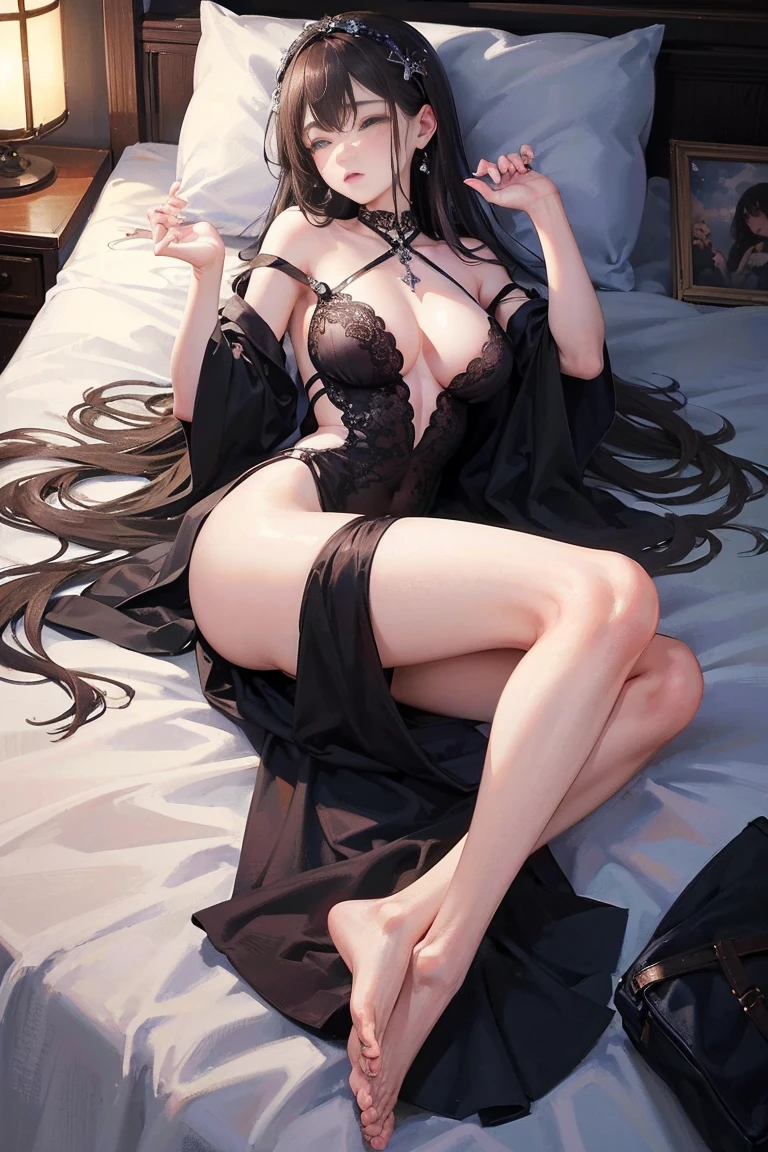 dark brown hair、light brown eyes、Japanese actress face、 lady、I'I like him and I'I'I am about 40 years old.、(intricate details:1.2)、(which one is the top?:1.4)、 (ultra high resolution:1.2)、ultra high resolution、(finely tuned)、(detailed facial features)、nffsw、8K resolution、D cup size breasts、long hair、bedroom、sleeping in bed、Sick and sleeping、A painful look、luxurious space、relax、、,full body photo、beautiful feet、pajamas、beautiful feet、she, extreme details, very detailed, realistic, hourglass body, obscene pose,、、I cry a lot、tears、(auraroid photo:1.2)、A masterpiece of transparent painting、8K、32k、highest quality、(Details of both eyes)、