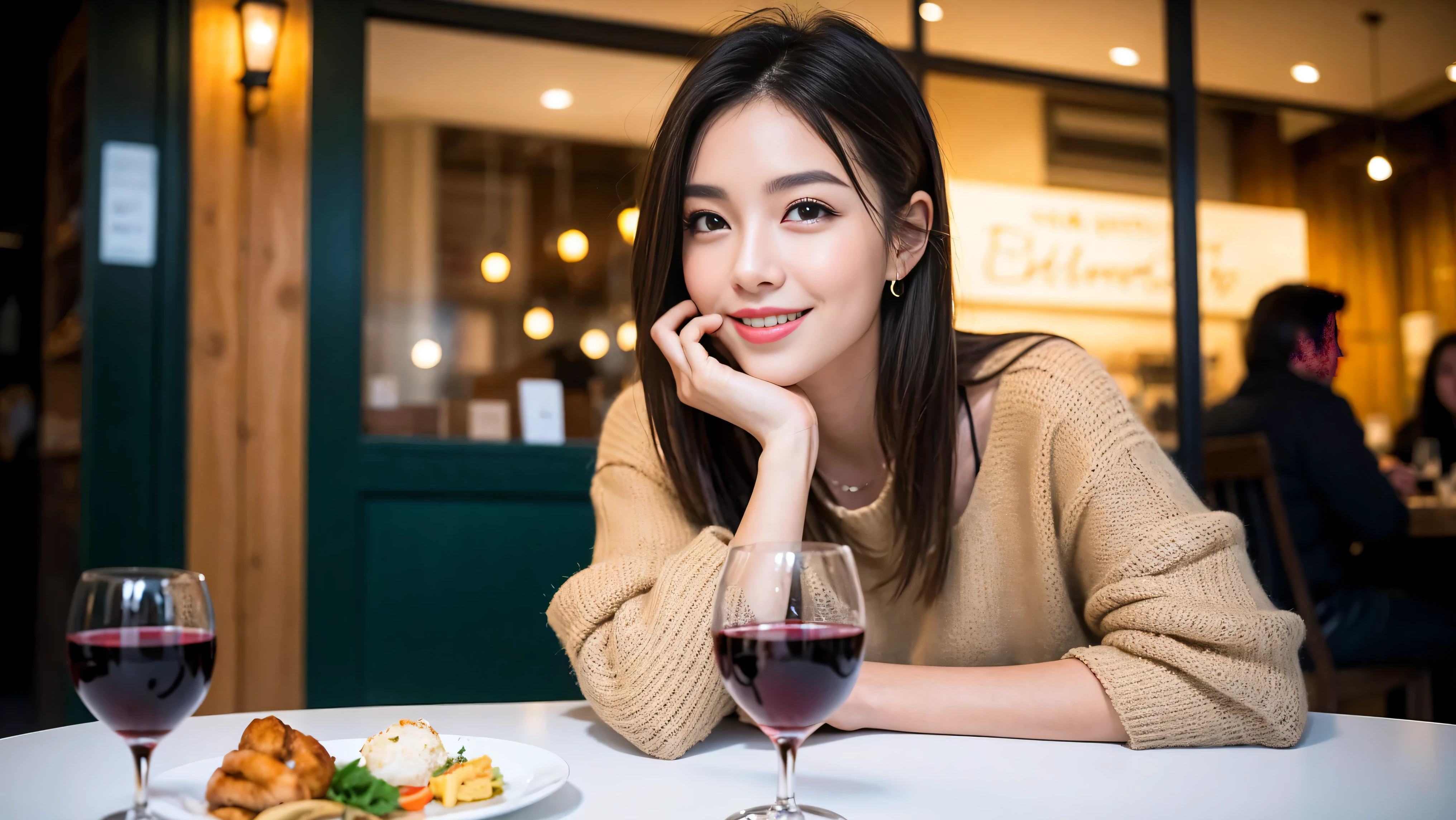 ((highest quality、8K、masterpiece:1.3))、sharp focus:1.2、beautiful woman perfect body:1.4、Slim body、((Bob Hale、straight hair:1.2))、(to be born, highest quality, masterpiece:1.5), (realistic, intricate details:1.2), ultra high resolution, confused,bright image、2 Wine Beauties, beautiful face, blue eyes, fine eyes, symmetrical eyes, light shines on your face, blush your nose, short hair,Spectacular view of the sunset sky and clouds、Amazing mountain views、A bright smile、A lovely woman with a smile、The woman&#39;s face is bright、fox face、lady、Wine Party、hors d'oeuvre、Italian food、2 beauties、brown hair、shortcut、long sleeve shirt、winter fashion、dress、Japanese、Englishman、Dutch、German、Belgian、Italian、French,Wine bottle、hors d'oeuvre、Champagne、sparkling wine、Pretty Woman 1, (slim face), (Because I&#39;m slender), (brown hair), (shortcut), cheeks turn a little red, (44 years old), 42 years old, attractive beauty、, A beautiful and detailed night view spreads out outside the window.........., restaurant, sitting in a wine glass, At night, in a prominent place (from the waist up) nova frog style, actress, model, Upper body, White wine, slim, wine glass, very beautiful night view, wine glass placed in the middle, Smile, (smile: 1.15), beautiful fine eyes, Depth f/2,saturation, high contrast, strong light and shadow,moist body:1.5、3D texture、delicate eyes、brown hair、The hair is very shiny、