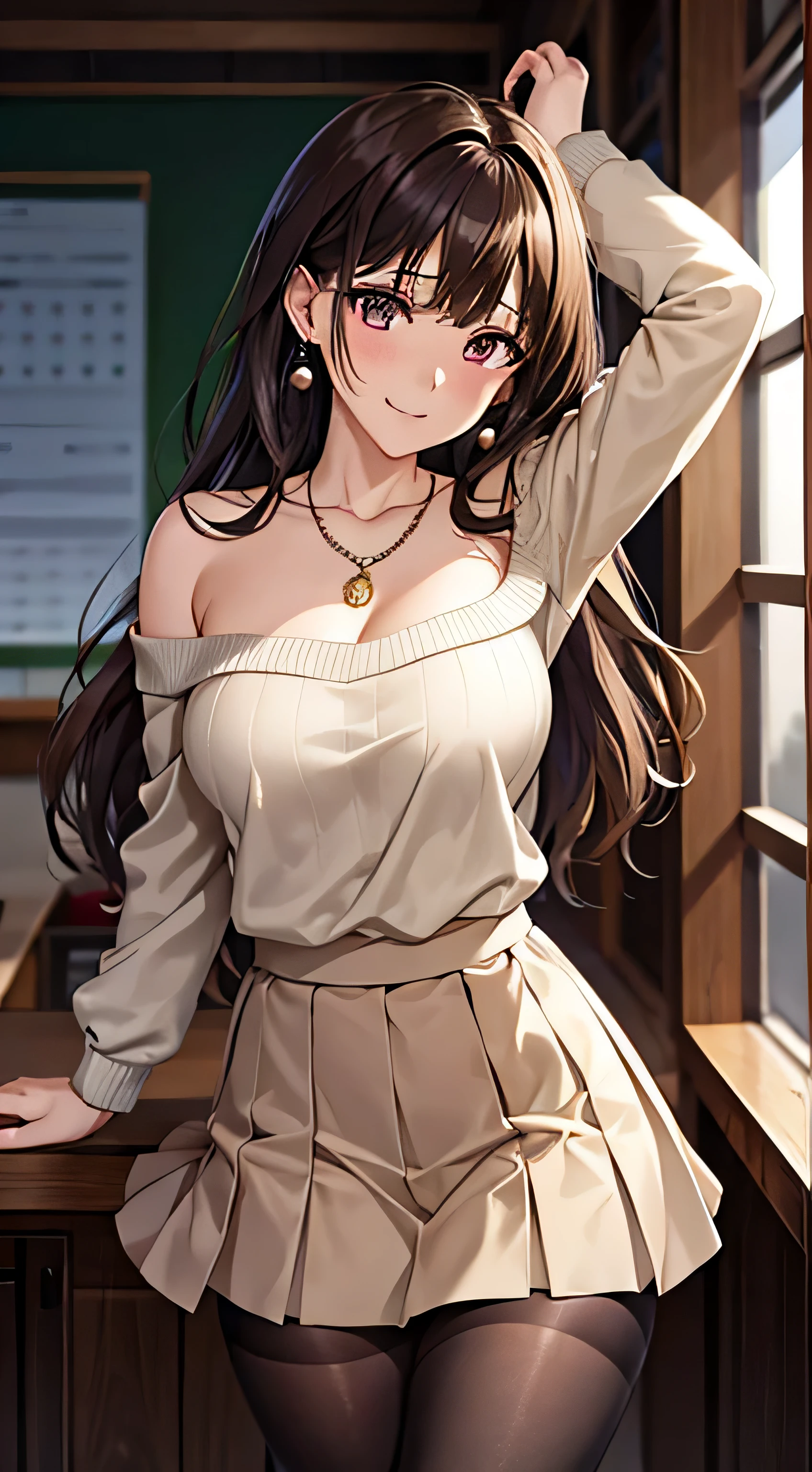 (table top, highest quality, High resolution, , perfect pixel, 4k,), 1 girl, single, alone, Beautiful woman、I could see the whole body、 ((Wavy mid-hair, bangs, brown hair)), ((brown eyes, beautiful eyelashes, realistic eyes)), ((detailed face, blush:1.2)), ((smooth texture:0.75, realistic texture:0.65, realistic:1.1, Anime CG style)), medium breasts, dynamic angle, perfect body, ((, female teacher, , earrings、necklace、beige off shoulder sweater、Long pleated skirt、black knee high stockings、pink lace panties、shy smile、Lift up your skirt and show your panties)), Upper 、、、evening、、Bring your arms together to emphasize your chest、Hold the necklace between your chest、(、()、angle from below)、